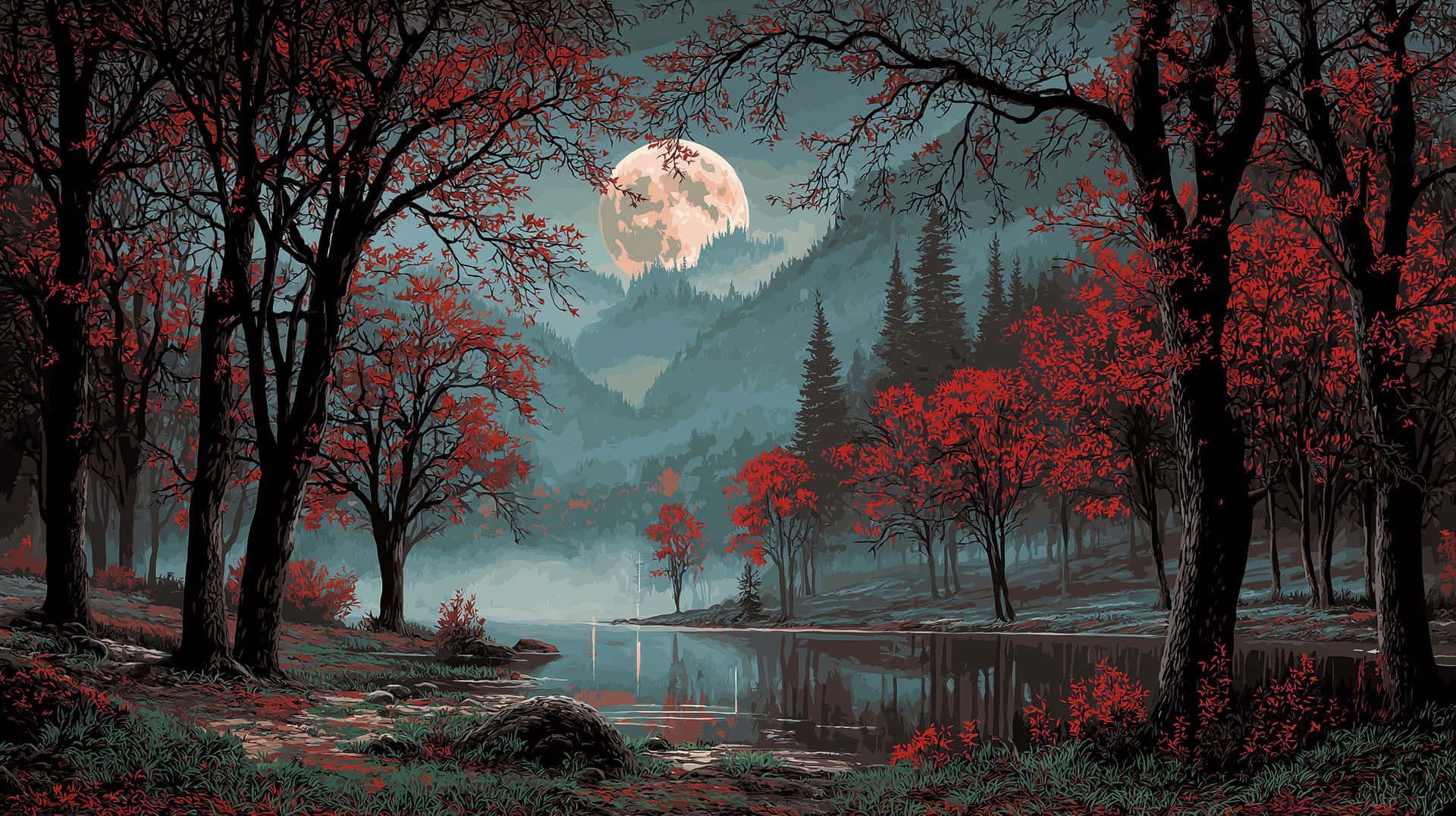 1920x1076 Download Enchanted Autumn Forest Lake Under Full Moon Night Wallpaper