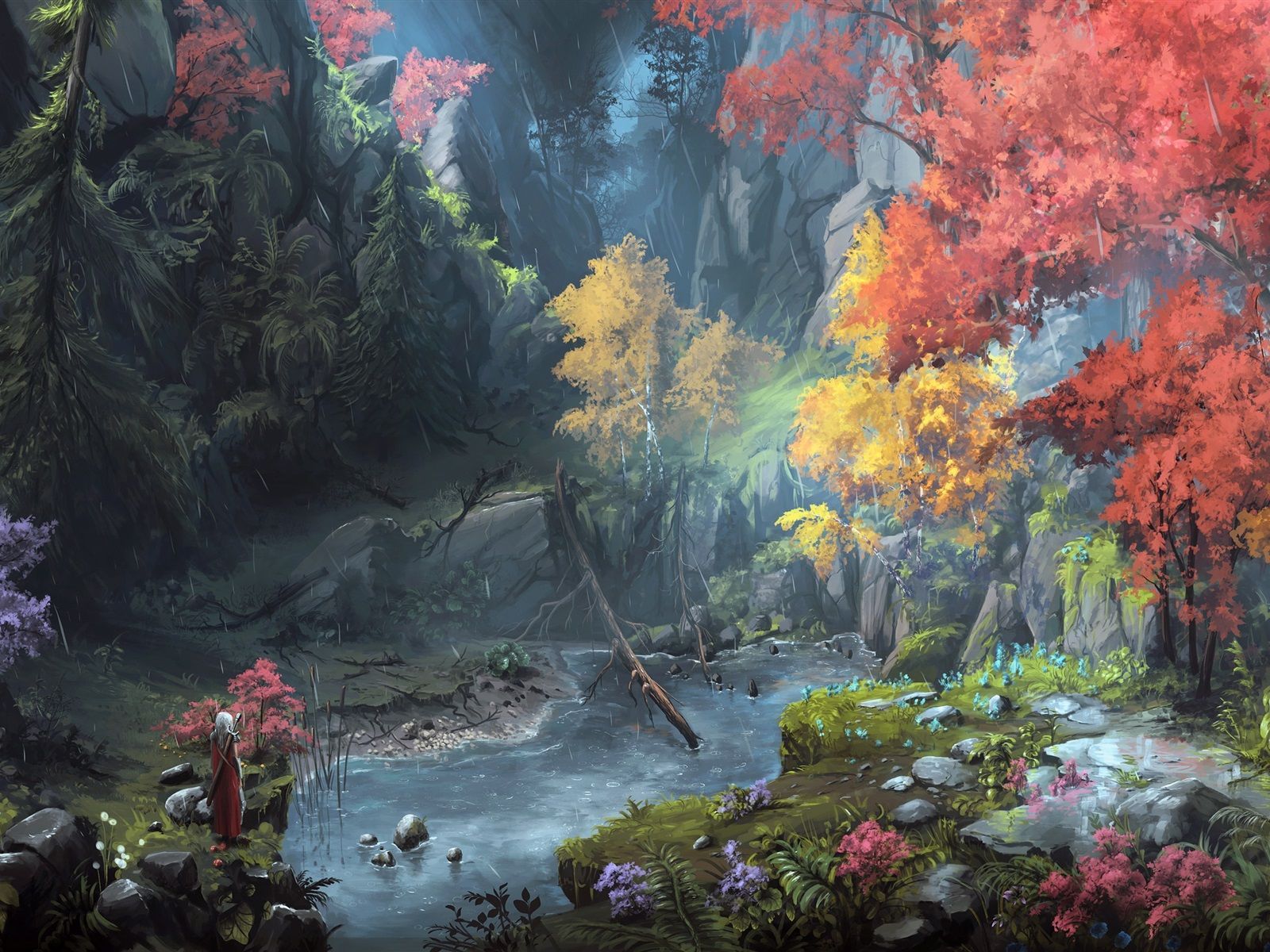 1600x1200 Wallpaper Fantasy art painting, mountains, trees, autumn 2560x1600 Picture, Image