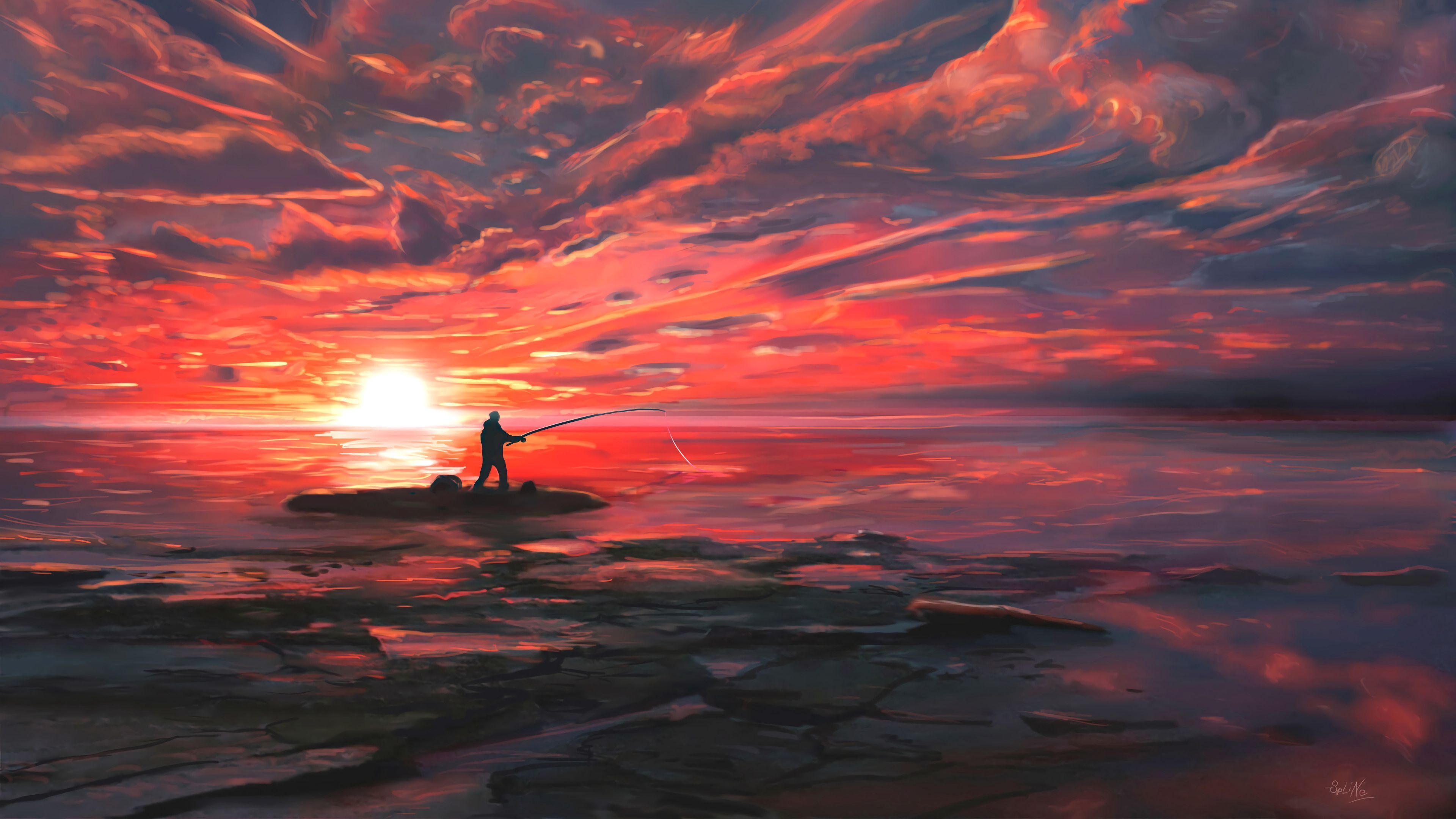 3840x2160 Download wallpaper 3840x2160 fishing, fisherman, fishing rod, sea, sunset, art 4k uhd 16:9 HD background