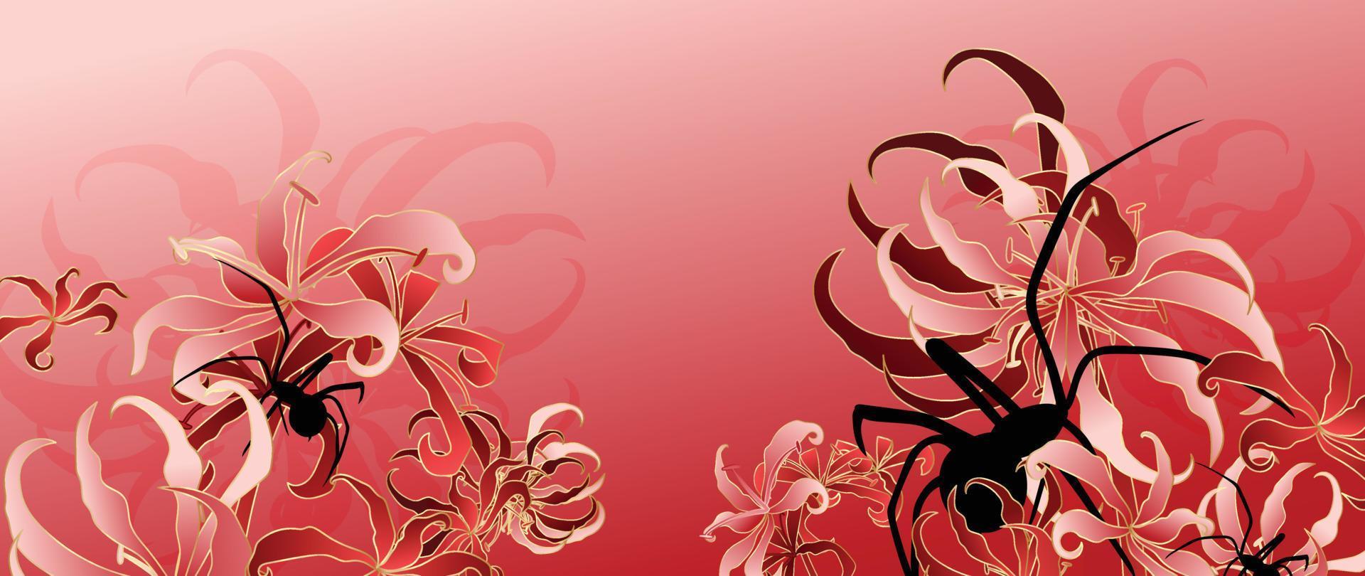 1920x810 Luxury oriental flower background vector. Elegant black spider and spider lily golden line art on red background. Floral pattern design illustration for decoration, wallpaper, poster, banner, card