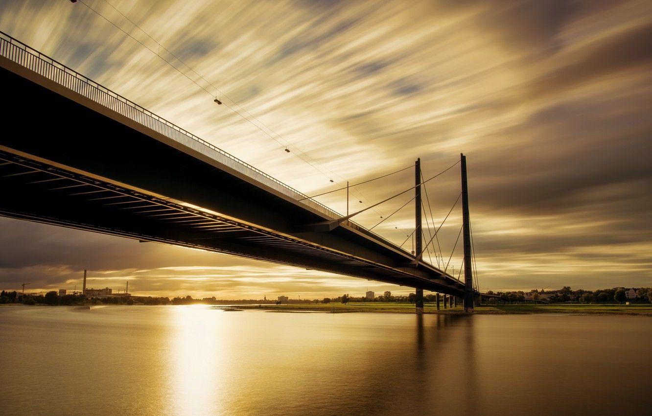 1332x850 Wallpaper Sunset, River, Rhine, Düsseldorf, Golden Knee Bridge