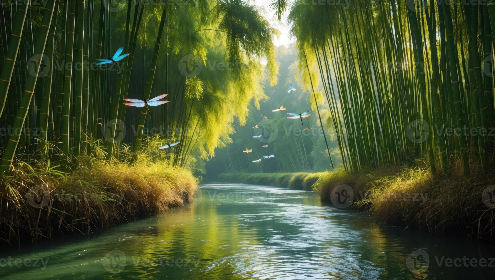 1734x980 River Flowing Through Bamboo Forest with Dragonflies