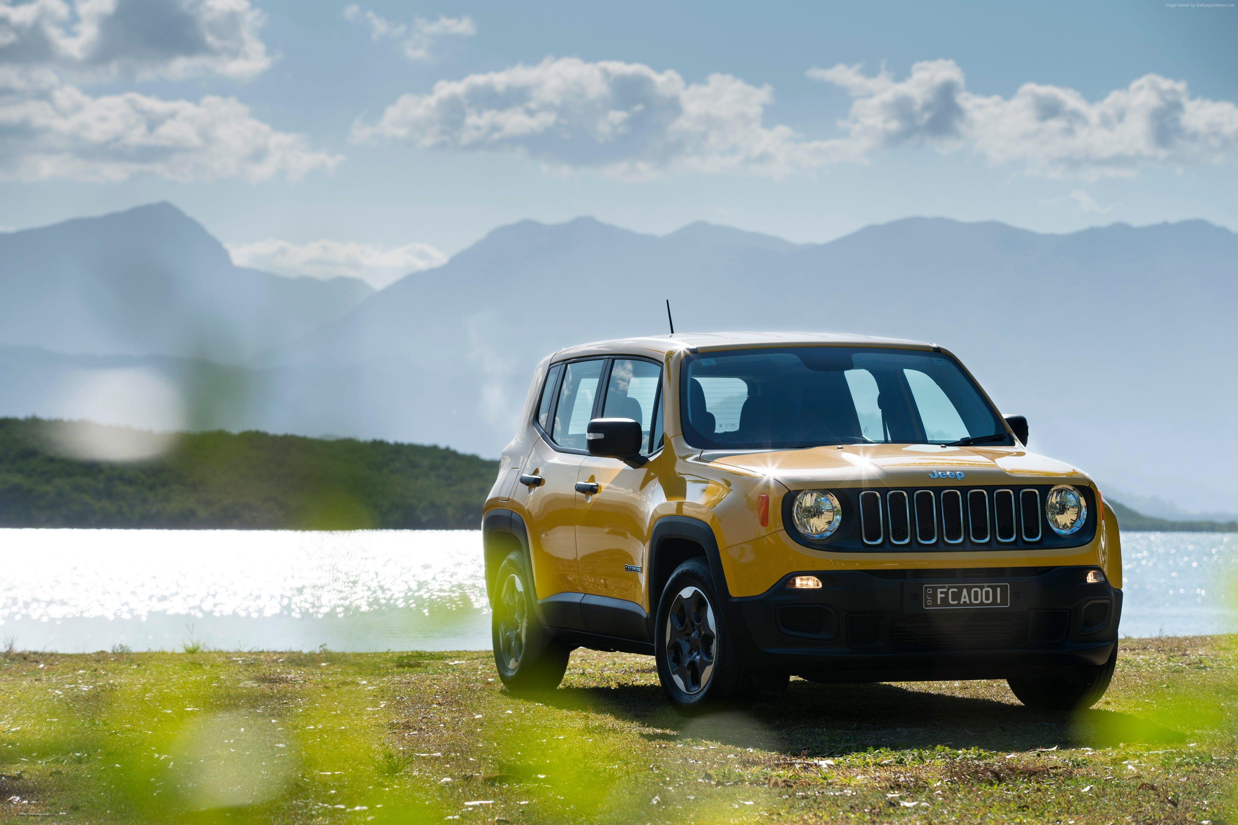 4096x2732 Yellow Jeep Renegade parked near body of water HD wallpaper