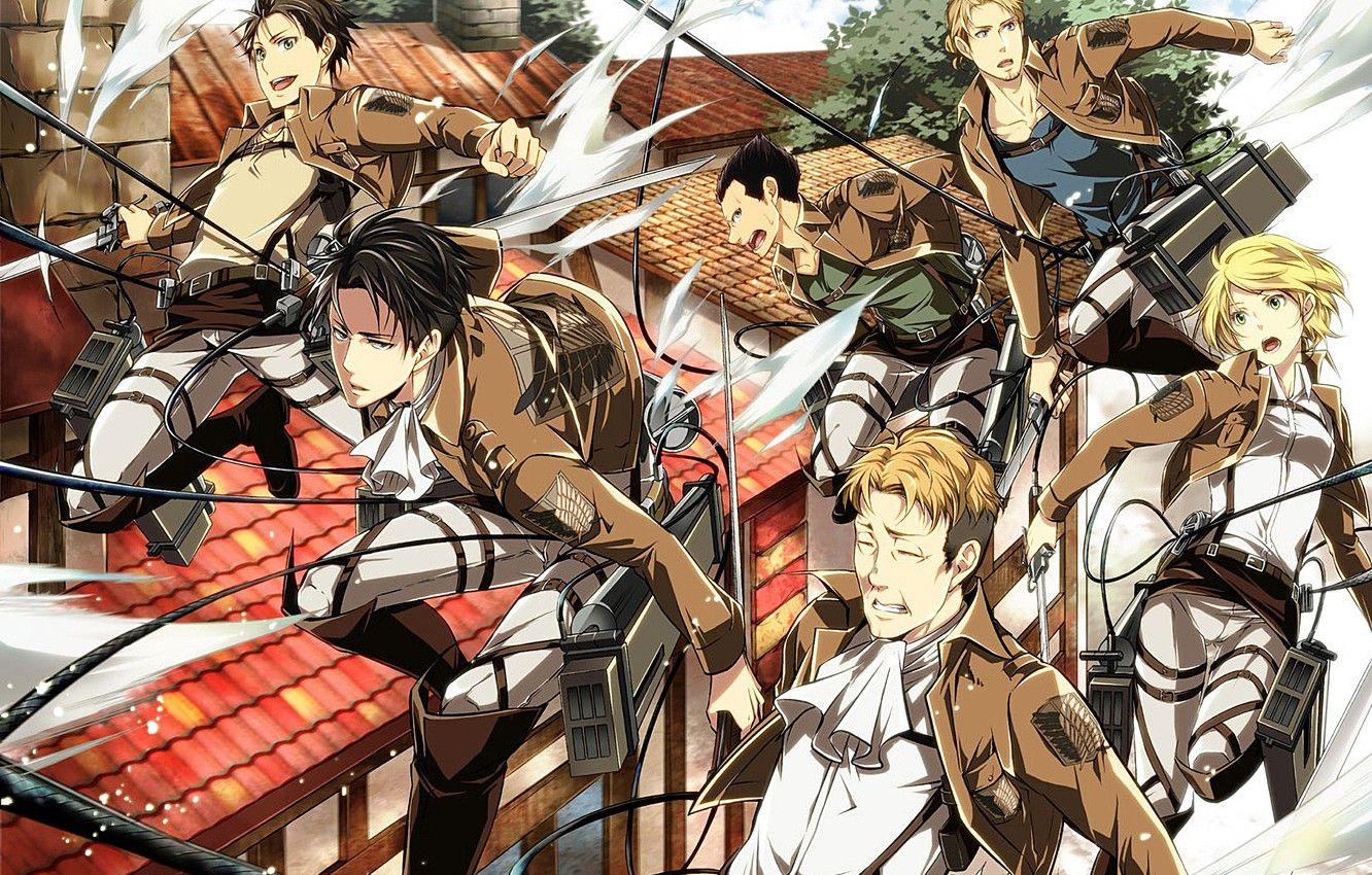 1332x850 Wallpaper attack, wire, emblem, swords, military uniform, squad, Eren Yeager, drive, The Invasion Of The Giants, Levi Ackerman, Connie Springer, Jean Kirschtein, the roofs of the houses, Shingeki no Kyojin / Attack