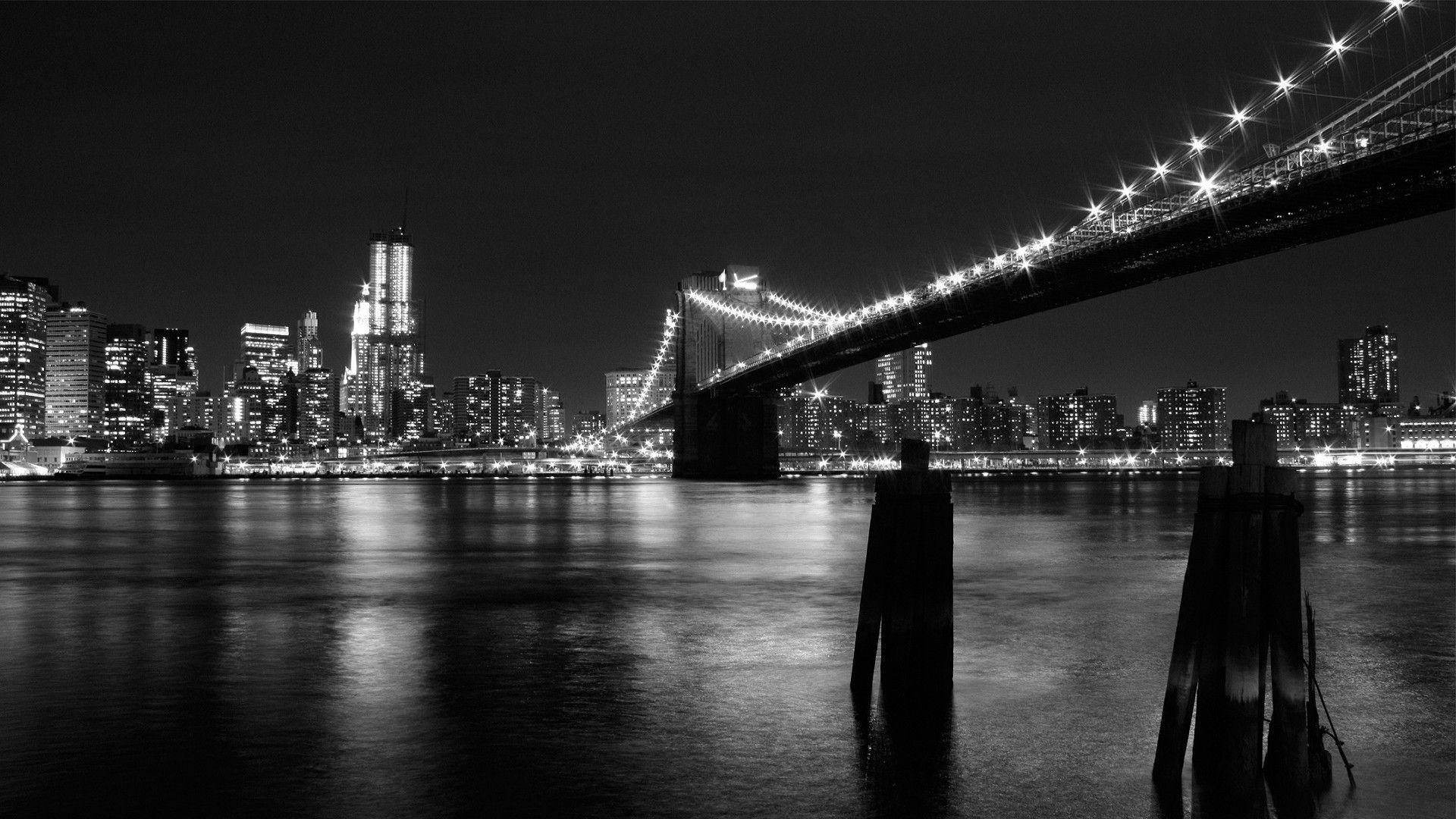 1920x1080 Cầu: Cầu đẹp Đêm Đen Trắng Đèn sông New York