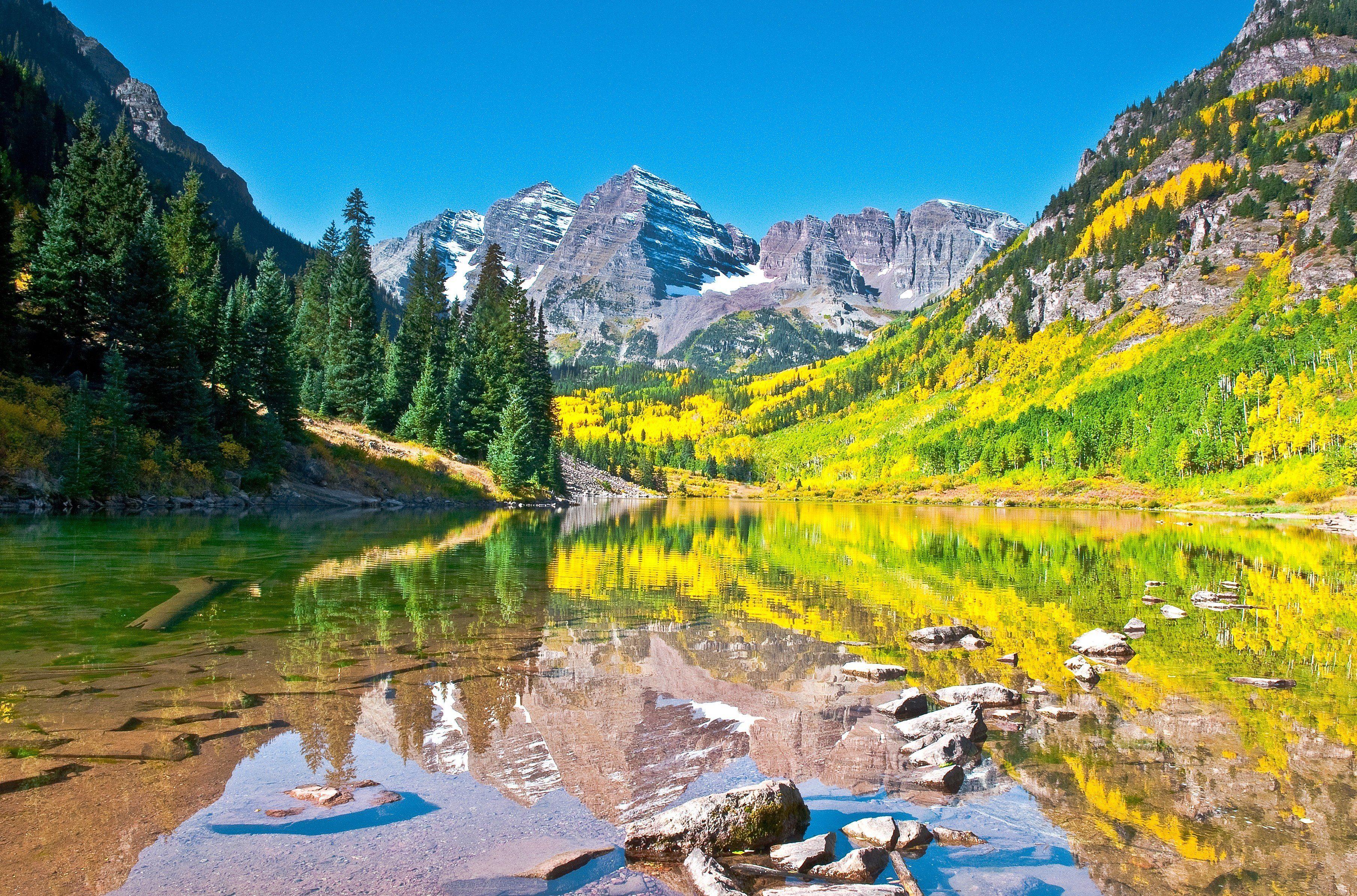 3614x2388 lake, Autumn, Sky, Mountains, Reflection, Forest, Maroon, Bells