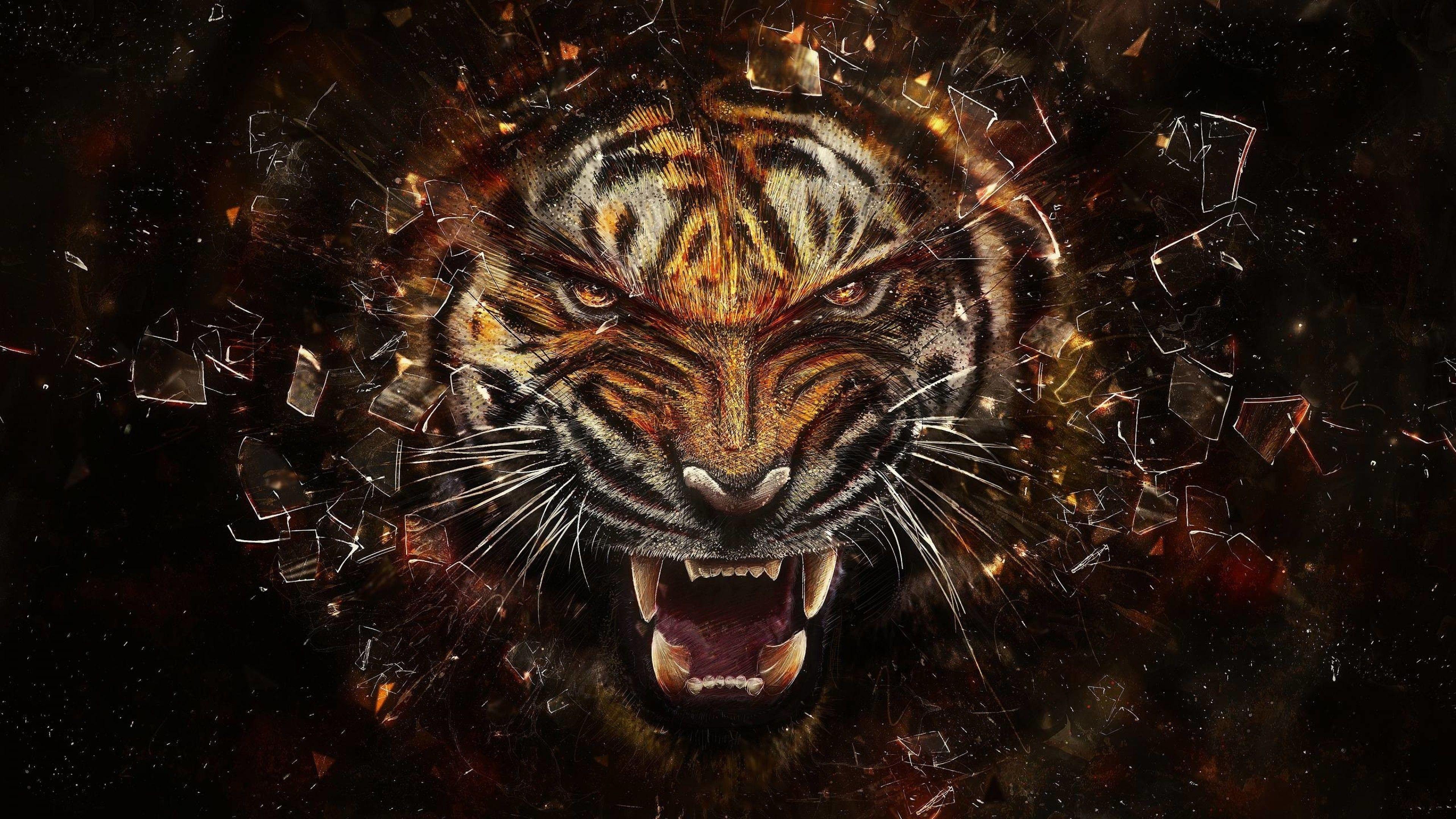 3840x2160 Download 3840x2160 Wild Tiger, Roar, Teeth, Photohop, Predator