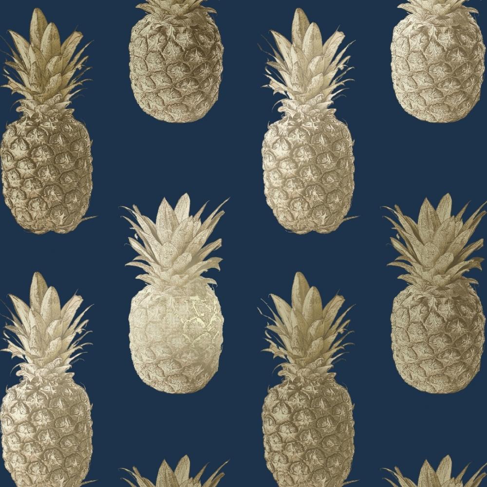 1000x1000 Calypso Pineapples Motif Wallpaper Navy Gold Rose Gold