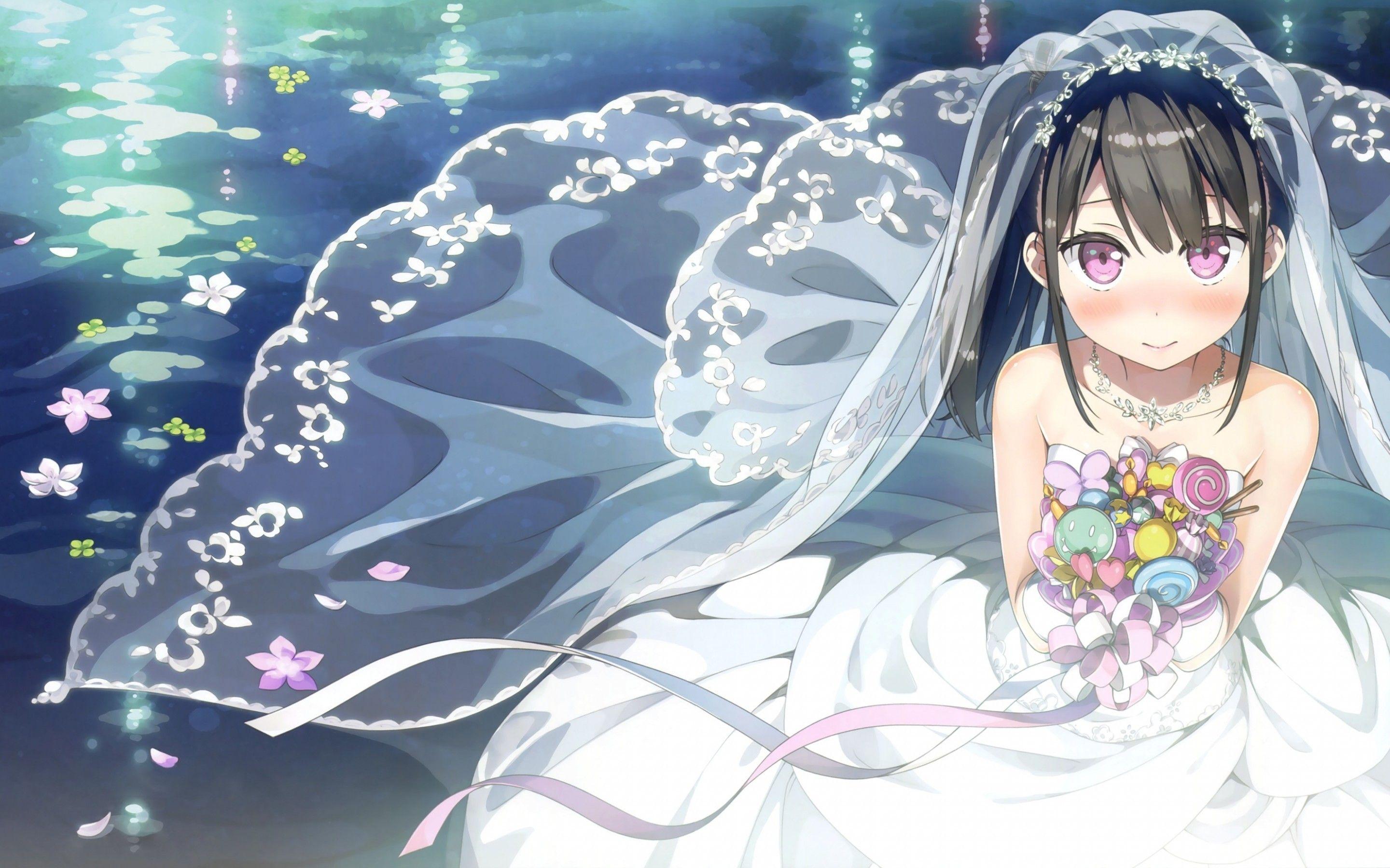 2880x1800 Download 2880x1800 Anime Girl, Bride, Black Hair, Flowers, Wedding