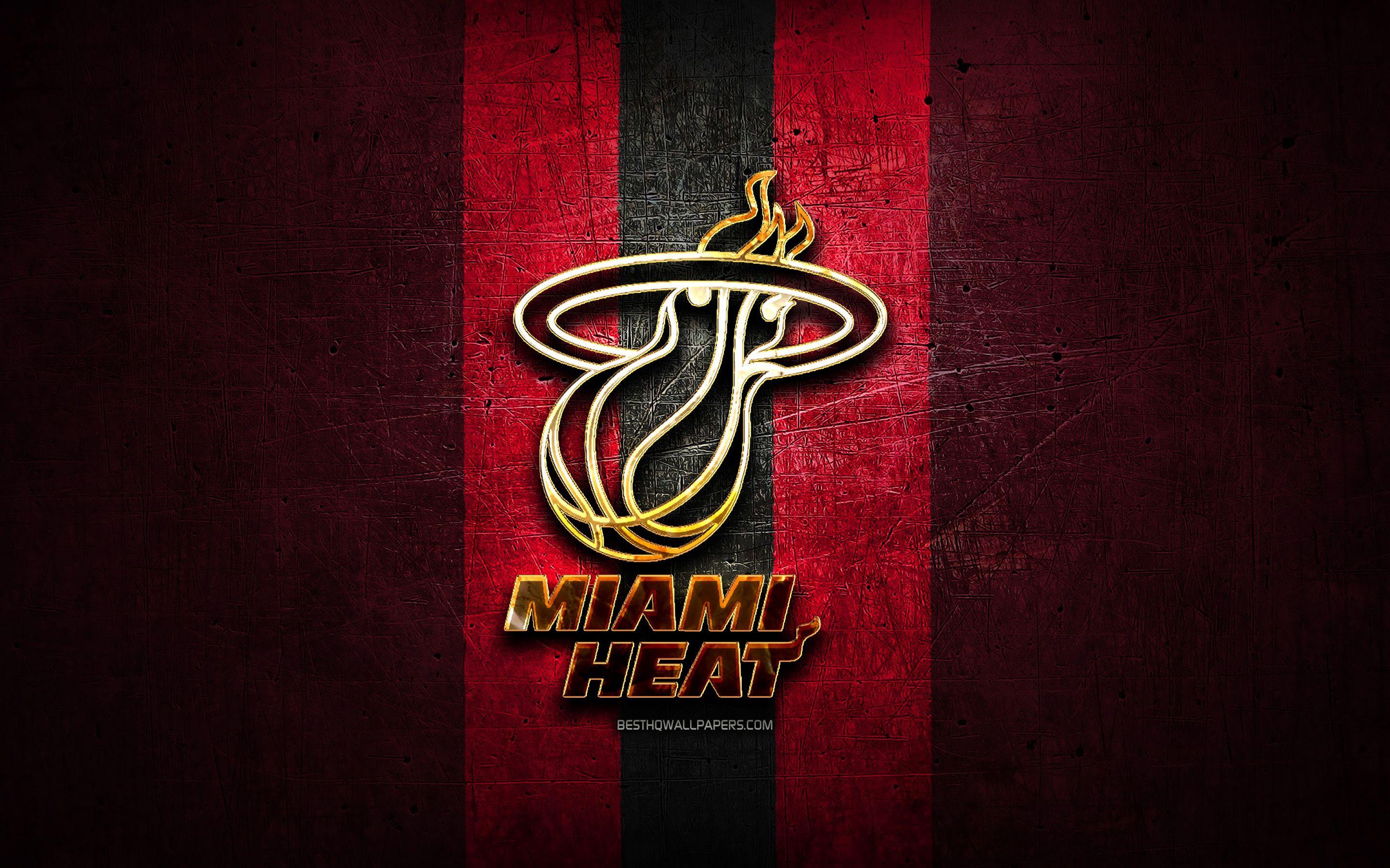 2880x1800 Tải xuống hình nền Miami Heat, logo vàng, NBA, kim loại màu tím