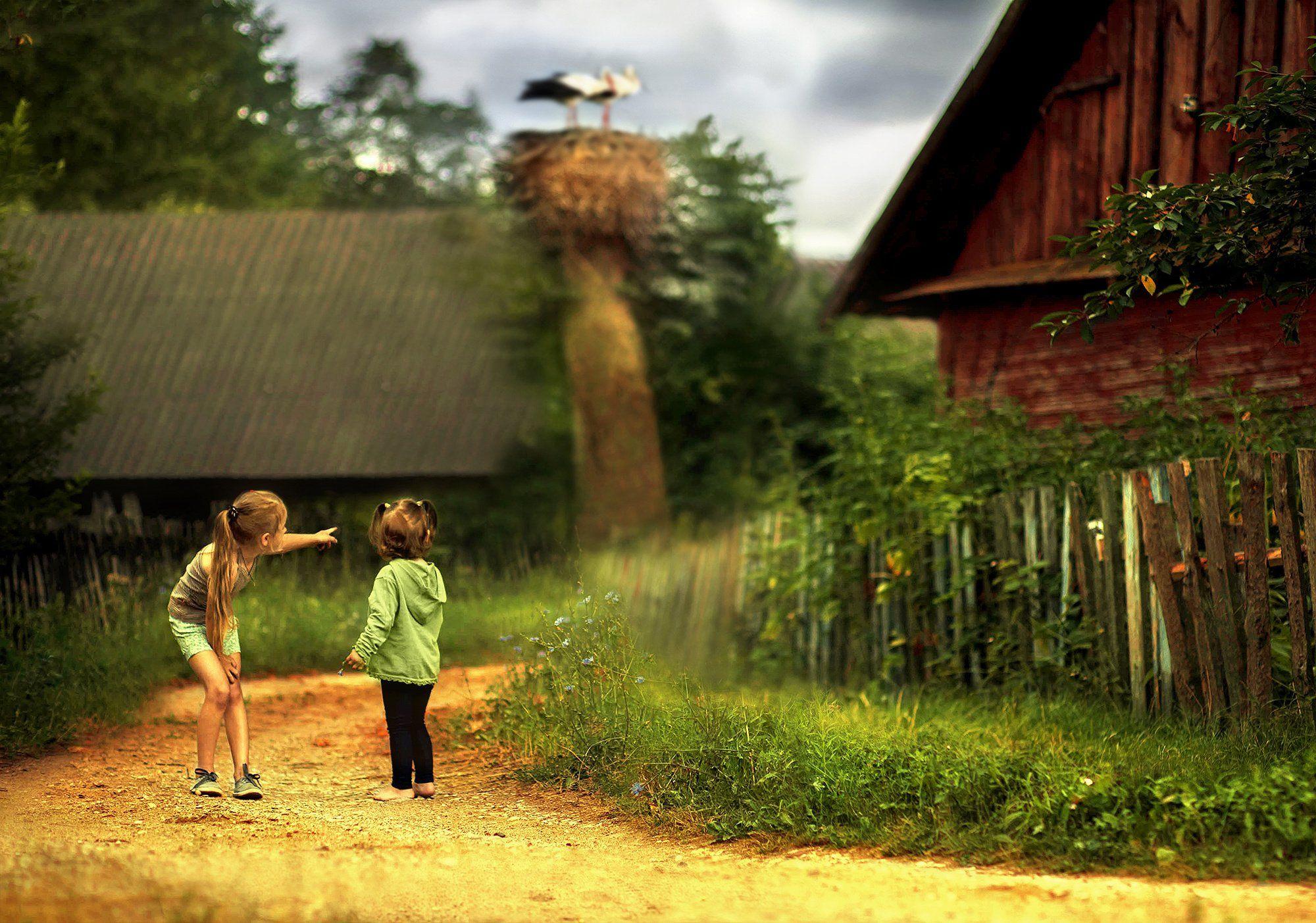 2000x1403 Sister street village cottage stork baby farm rustic girls wallpaperx1403