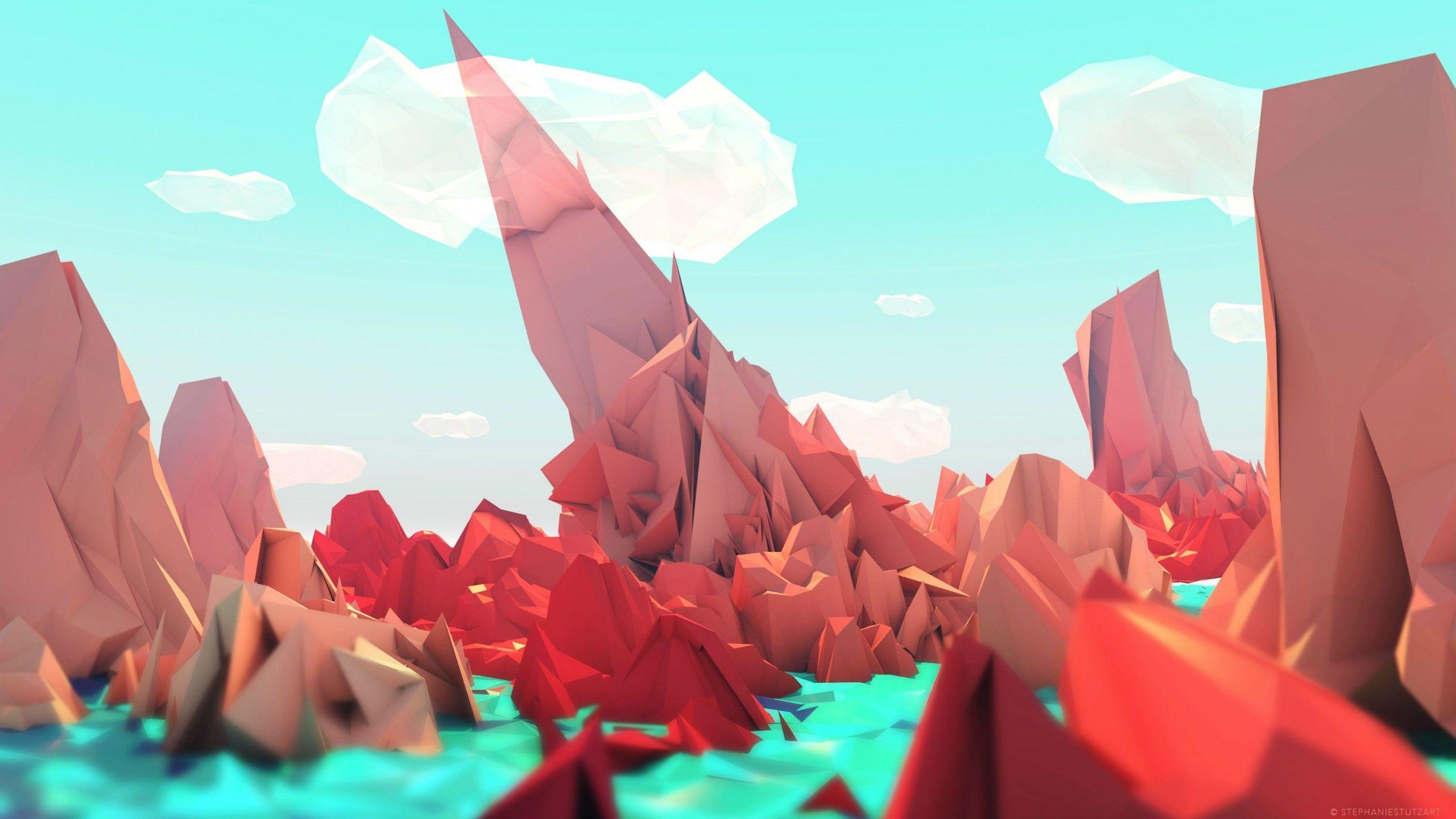 2560x1440 Wallpaper polygon, 4k, 5k wallpaper, landscape, mountains, nature