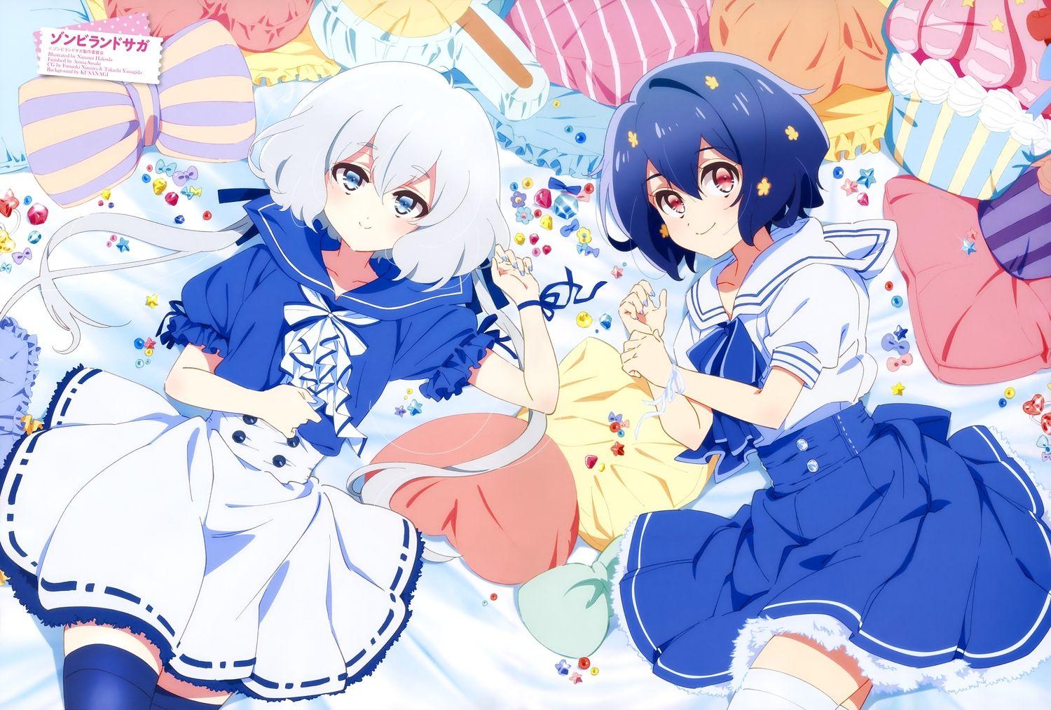 1500x1013 blue eyes blue hair dress gray hair hakoda nanami konno junko mizuno ai red eyes ribbons scan short hair thighhighs watermark wristwear zombie land saga. konachan.com.com Anime Wallpaper