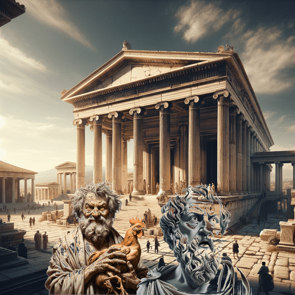 1024x1024 I'm trying to make ChatGPT edit image by itself. I told it to make a picture of Diogenes throwing a plucked chicken at Plato. It generated a background, the two philosophers and