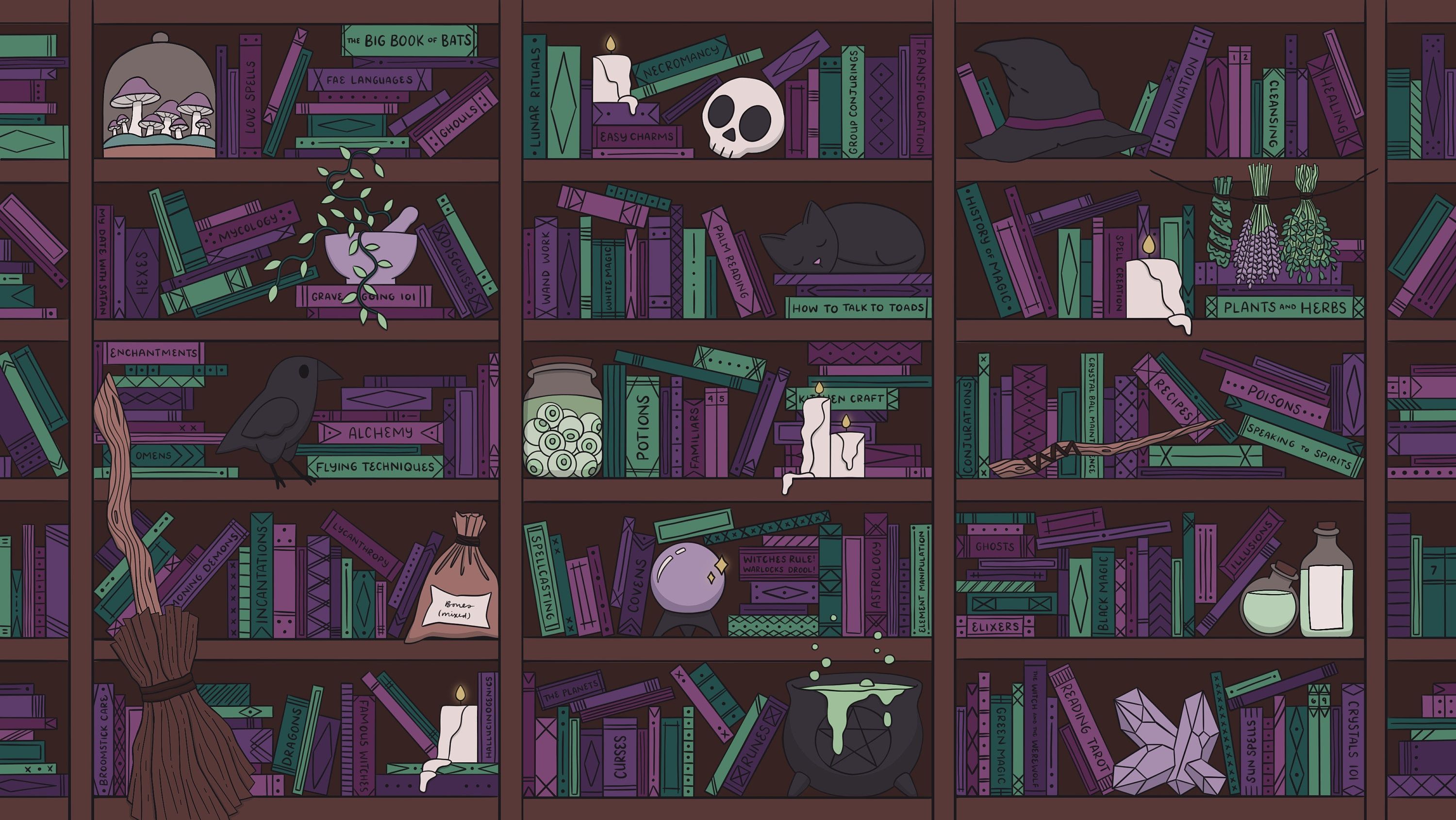 3000x1688 Witch’s Bookshelf Desktop Wallpaper HD. Cute Spooky Illustrated Computer Background