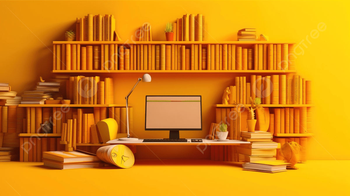 1200x673 Desktop Arrangement Of Laptops And Computers With Bookshelf Background In Yellow Hue 3D Rendered Illustration, Computer Table, Computer Desk, Desktop Computer Background Image And Wallpaper for Free Download