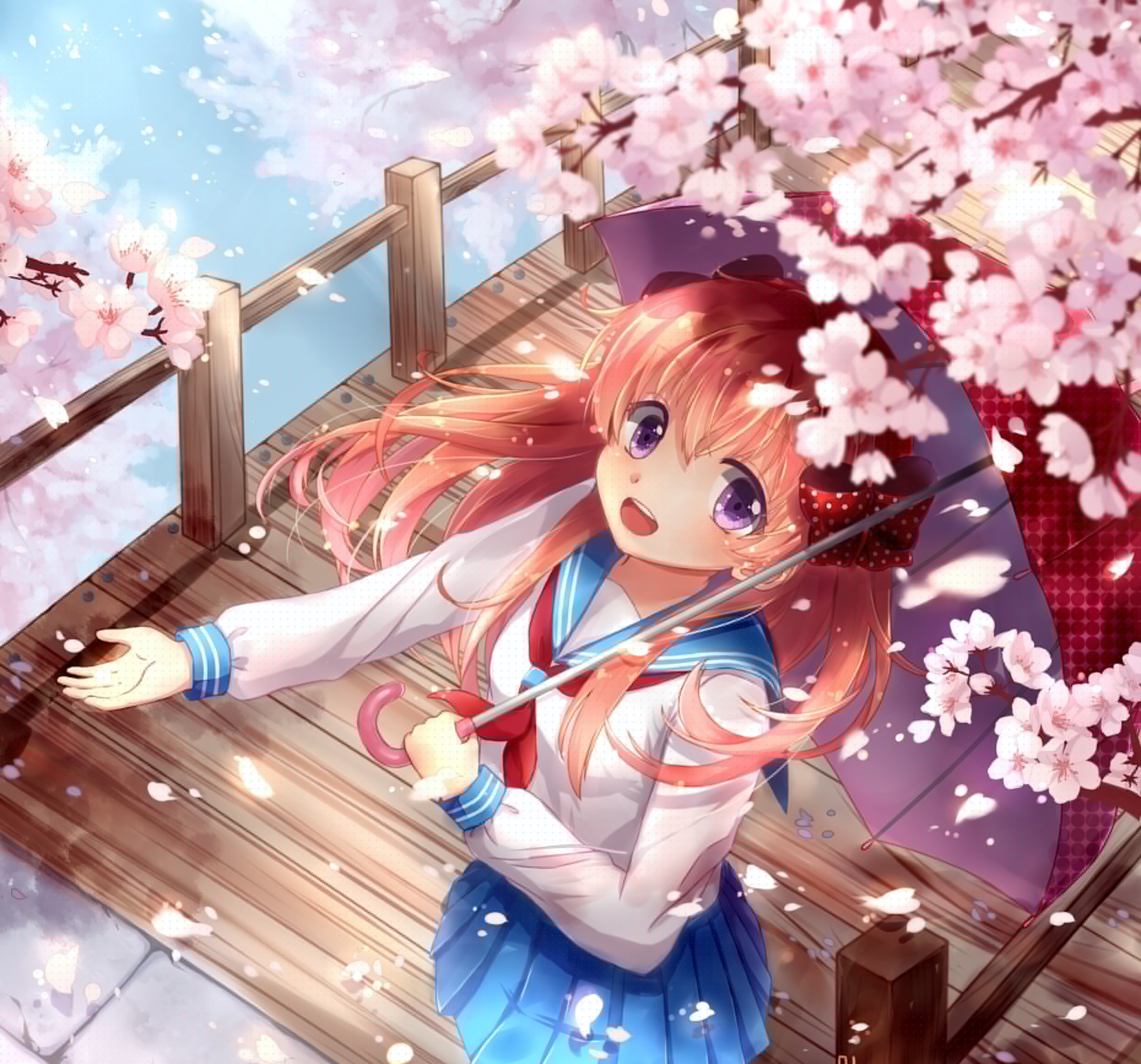 2480x2312 Wallpaper girl, bridge, smile, umbrella, anime, Sakura, art, form for mobile and desktop, section аниме, resolution 2480x2312