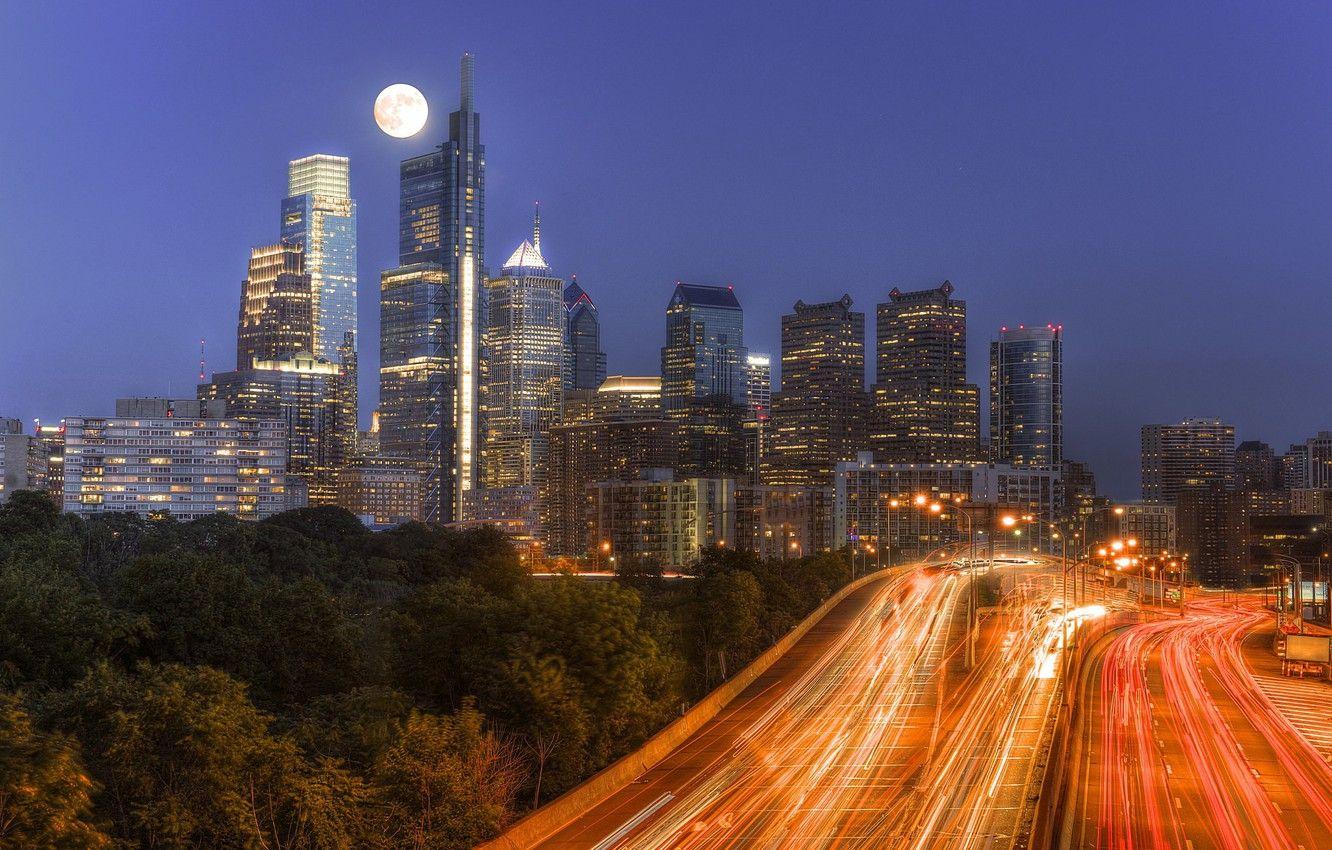 1332x850 Photo Wallpaper Night, Lights, Philadelphia, Skyline