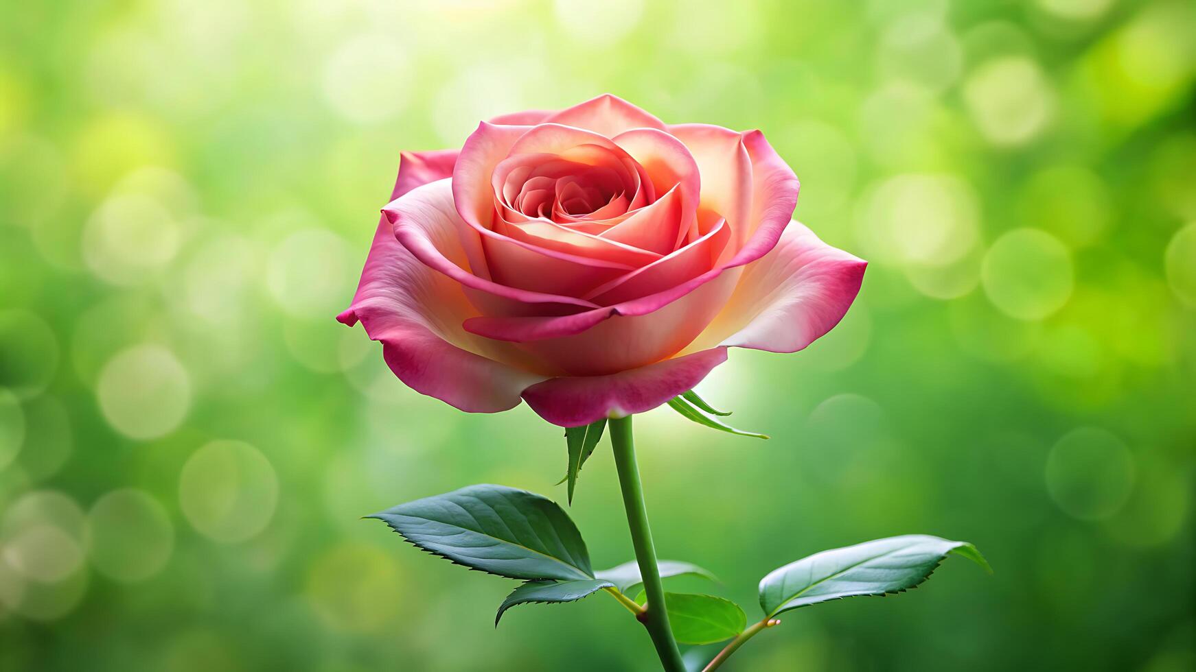 1742x980 Close up of Fresh beautiful Rose flower Blossoms, isolated on a blurry green nature background