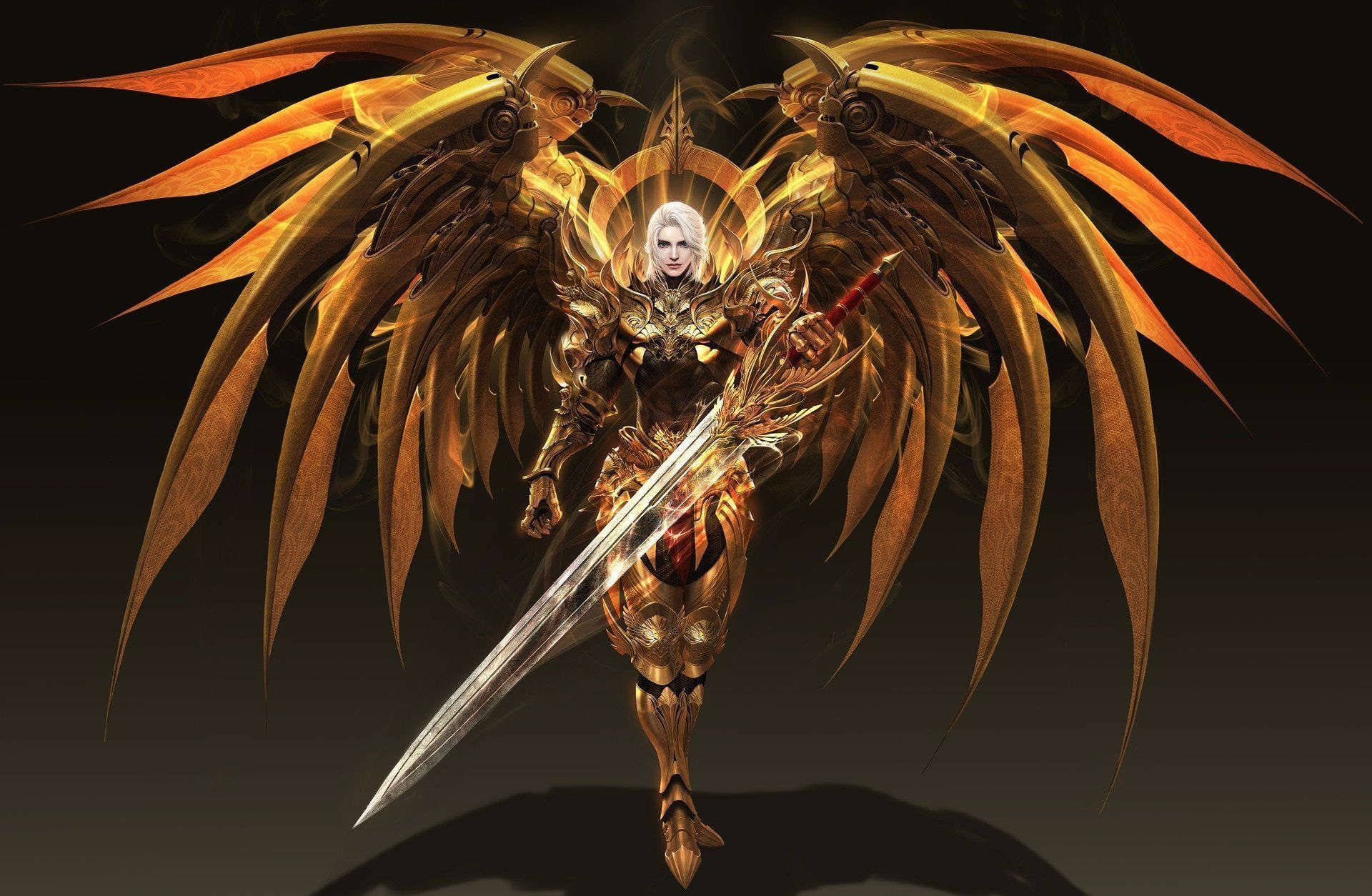 1920x1254 Celestial Angel Warrior: Golden Wings and Sword Fantasy HD Wallpaper by 태섭 신