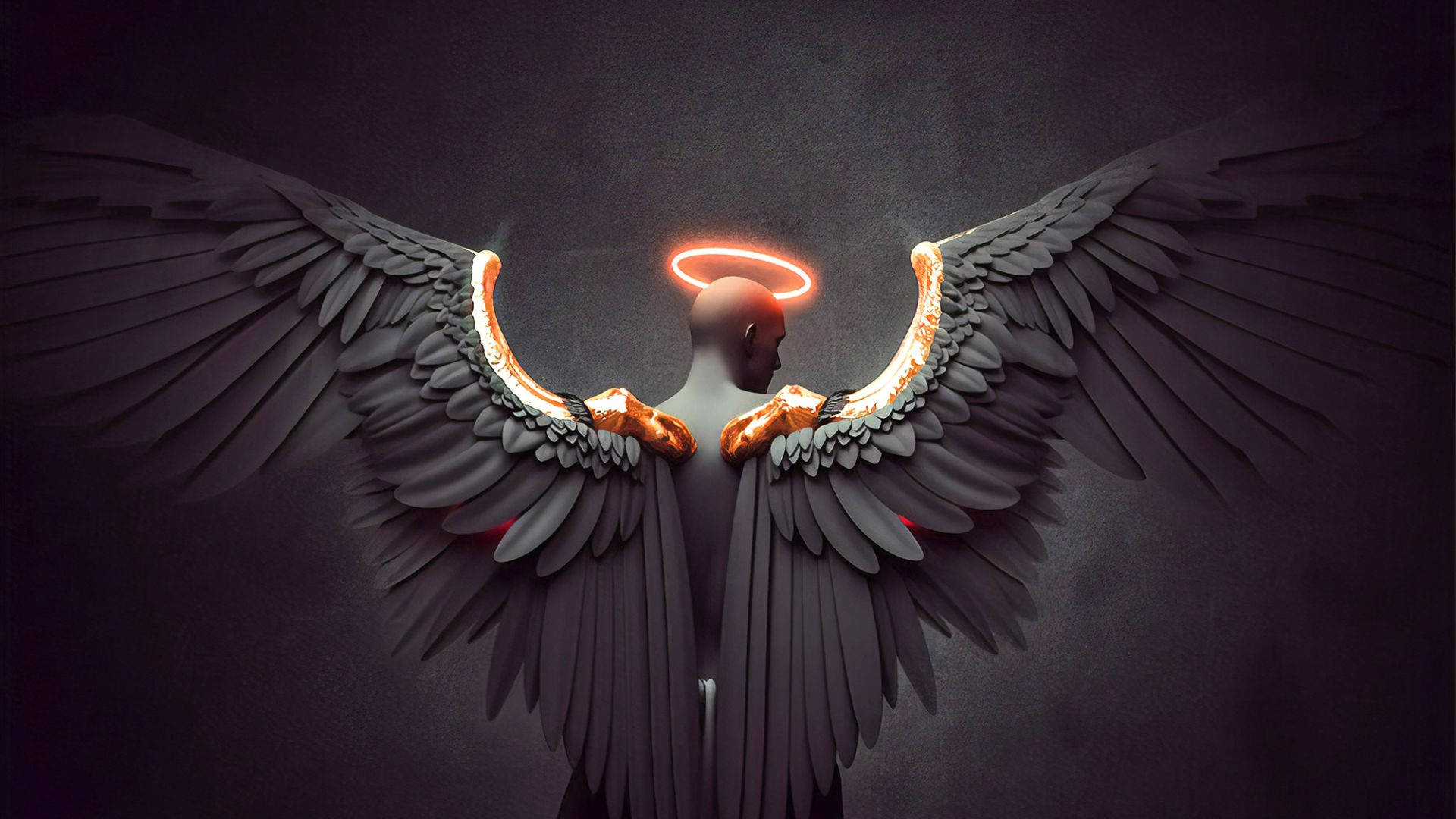 1920x1080 Download Majestic Black Angel Wings with Golden Halo Wallpaper