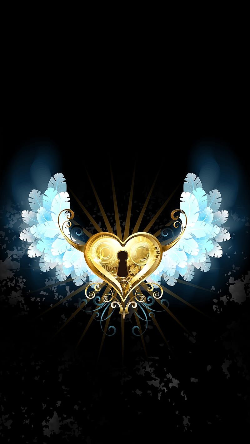 800x1422 Abstract, angel wings, black, design art, gold, heart, lock, s HD phone wallpaper