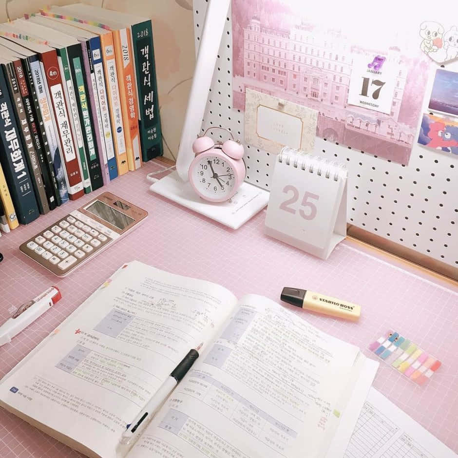 940x940 Download Pink Study Desk Aesthetic Wallpaper