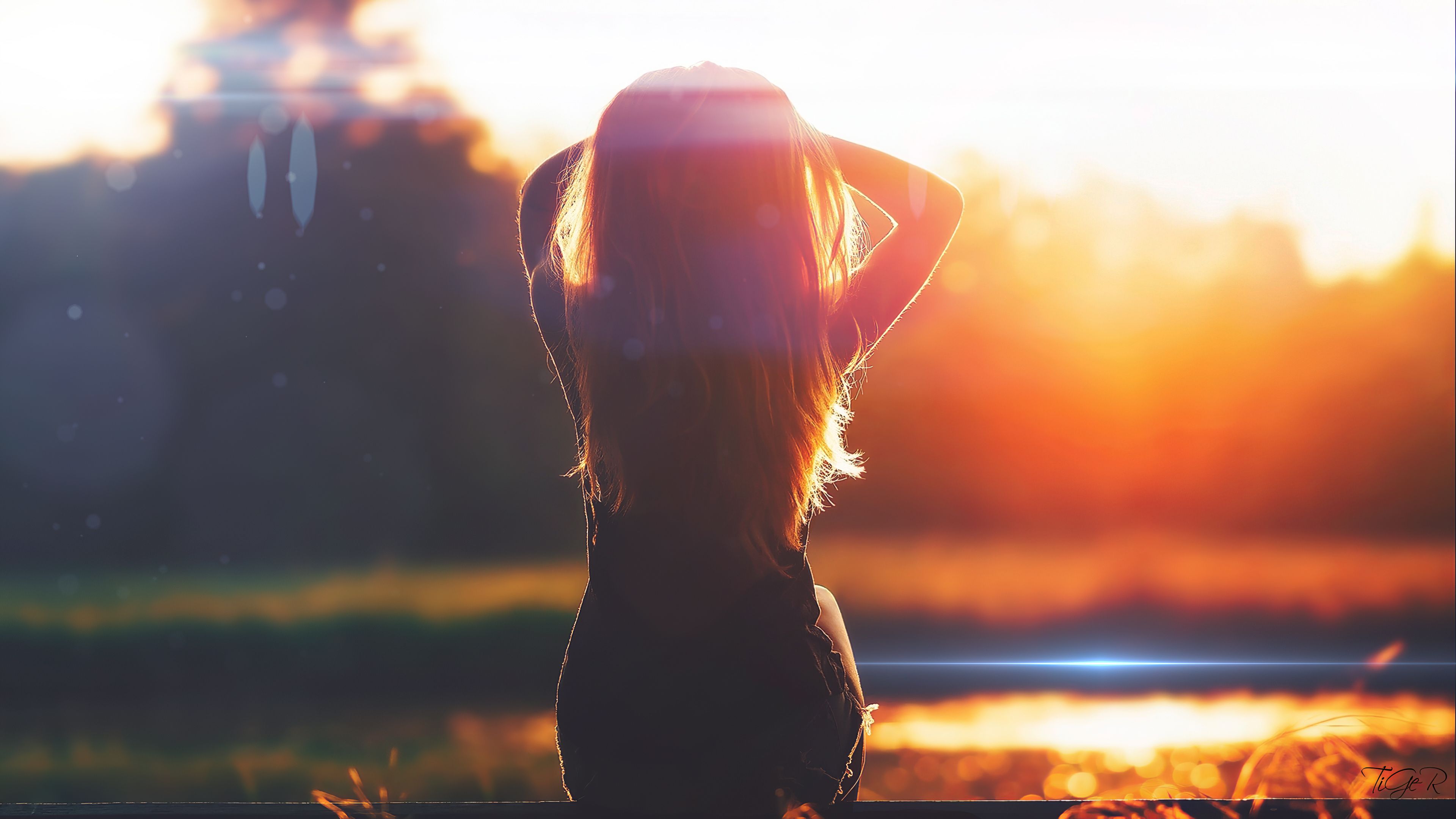 3840x2160 Girl Sitting Back View Lens Flare 4k Wallpaper, HD Girls Wallpaper, 4k Wallpaper, Image, Background, Photos and Picture