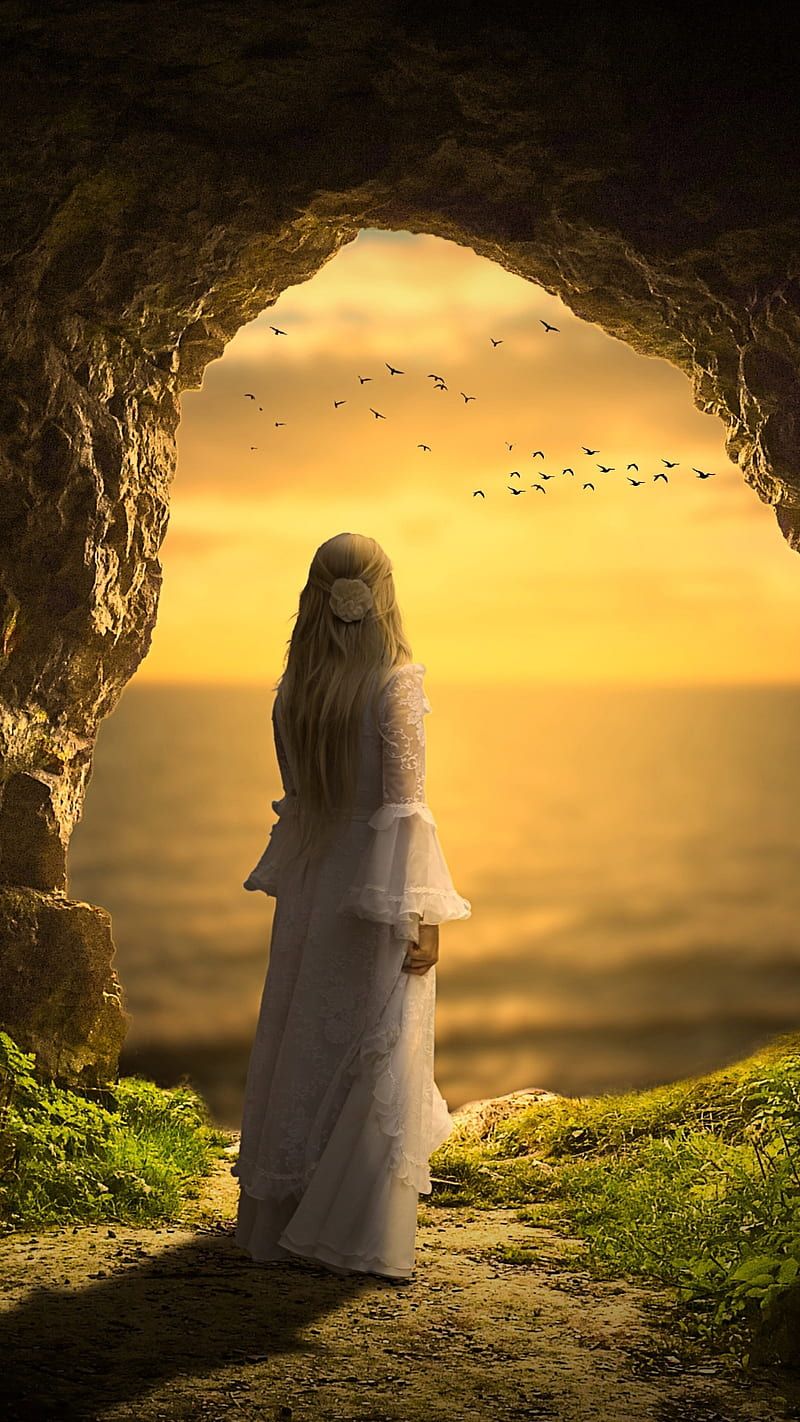 800x1422 Winter is coming, back, birds, cave, girl, nature, rear view, sunset, travel, HD phone wallpaper