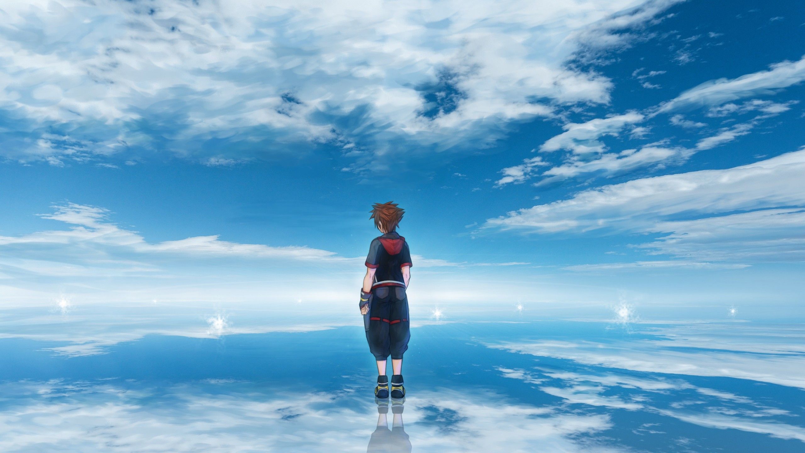 2560x1440 kingdom hearts 3 sora on back view with background of blue sky and clouds 4k HD games Wallpaper