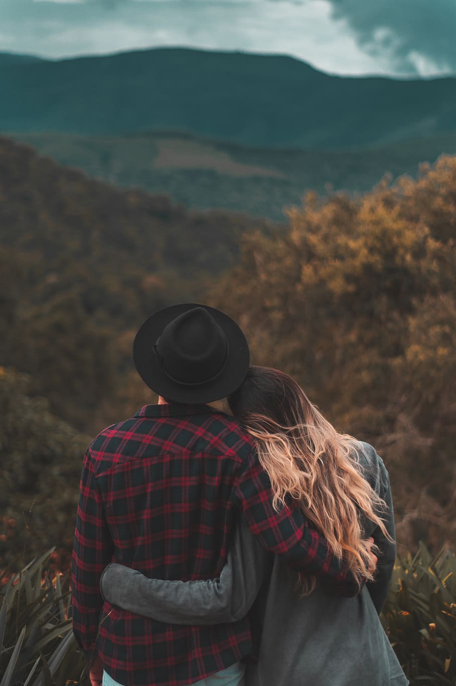 910x1369 HD wallpaper: Couple Standing on Top of Hill, adventure, back view, beautiful