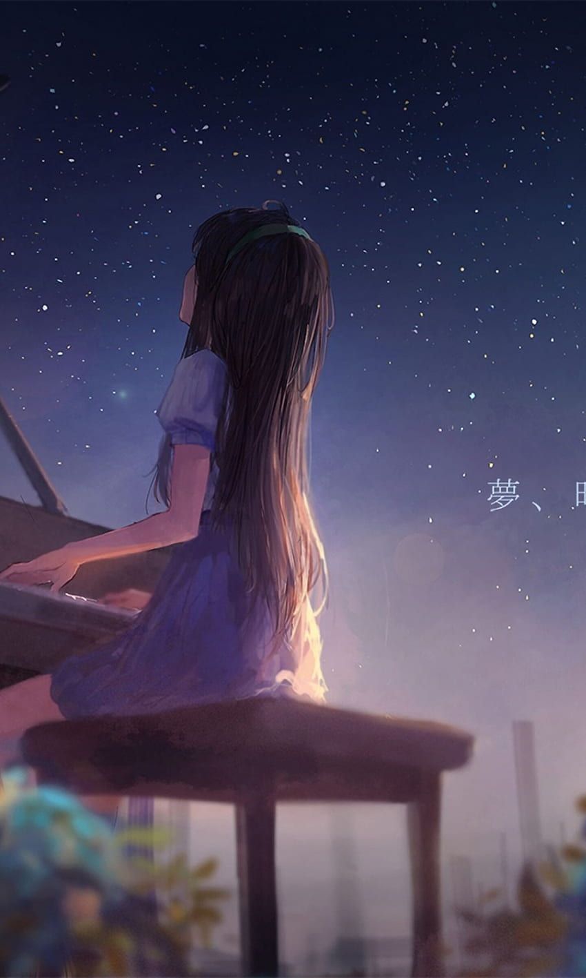 850x1417 Anime Girl, Playing Piano, Scenic, Back View, Instrument, Music, Stars, Night for Galaxy SIV, Nokia Lumia Acer Picasso HD phone wallpaper