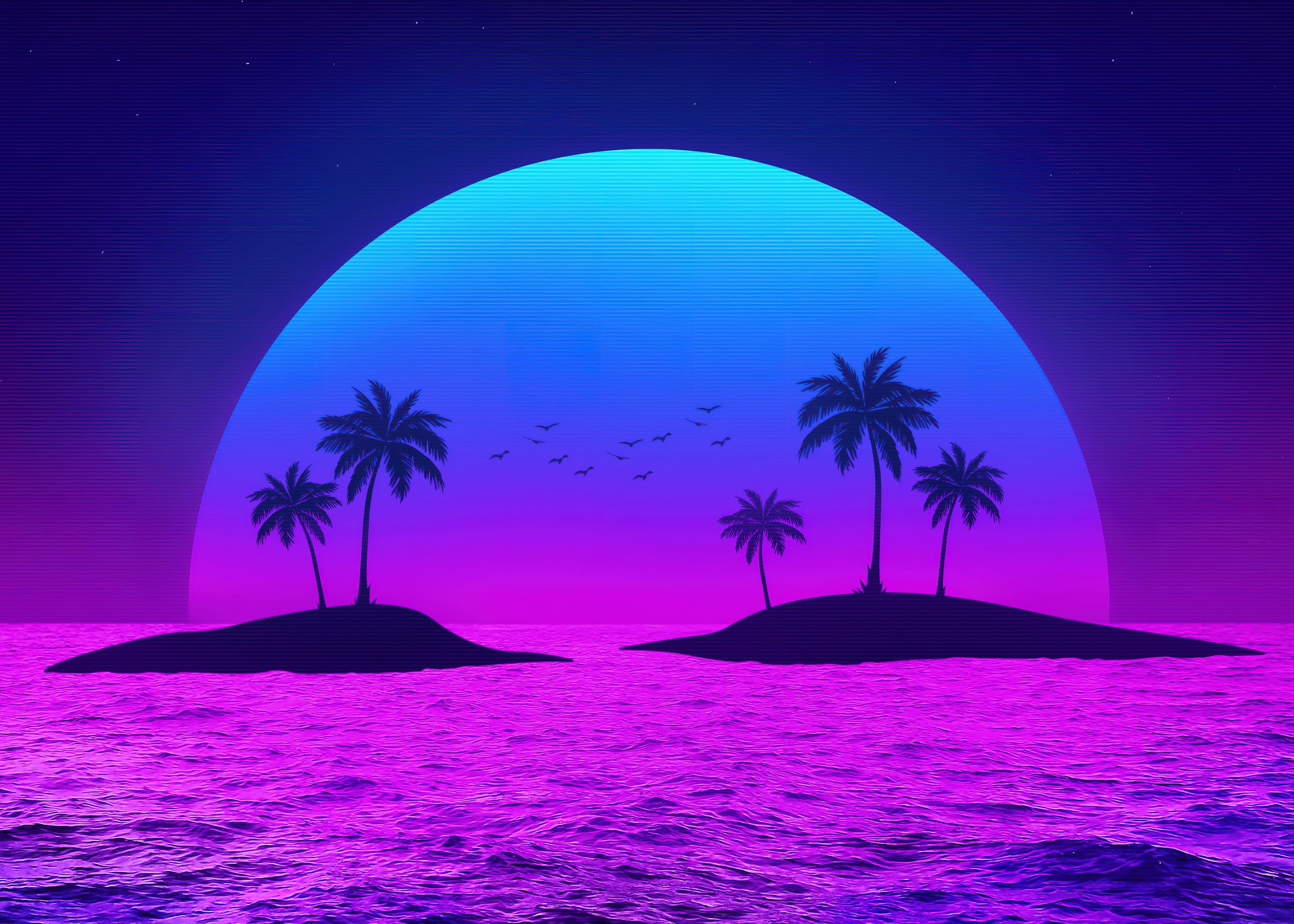 3840x2743 Tropical Wallpaper 4K, Islands, Palm trees, Sunset, Neon