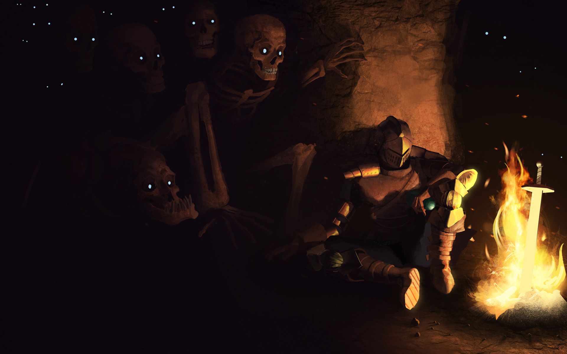 1920x1200 Wallpaper darkness, fire, sword, warrior, art, skeletons, undead, armor for mobile and desktop, section игры, resolution 1920x1200
