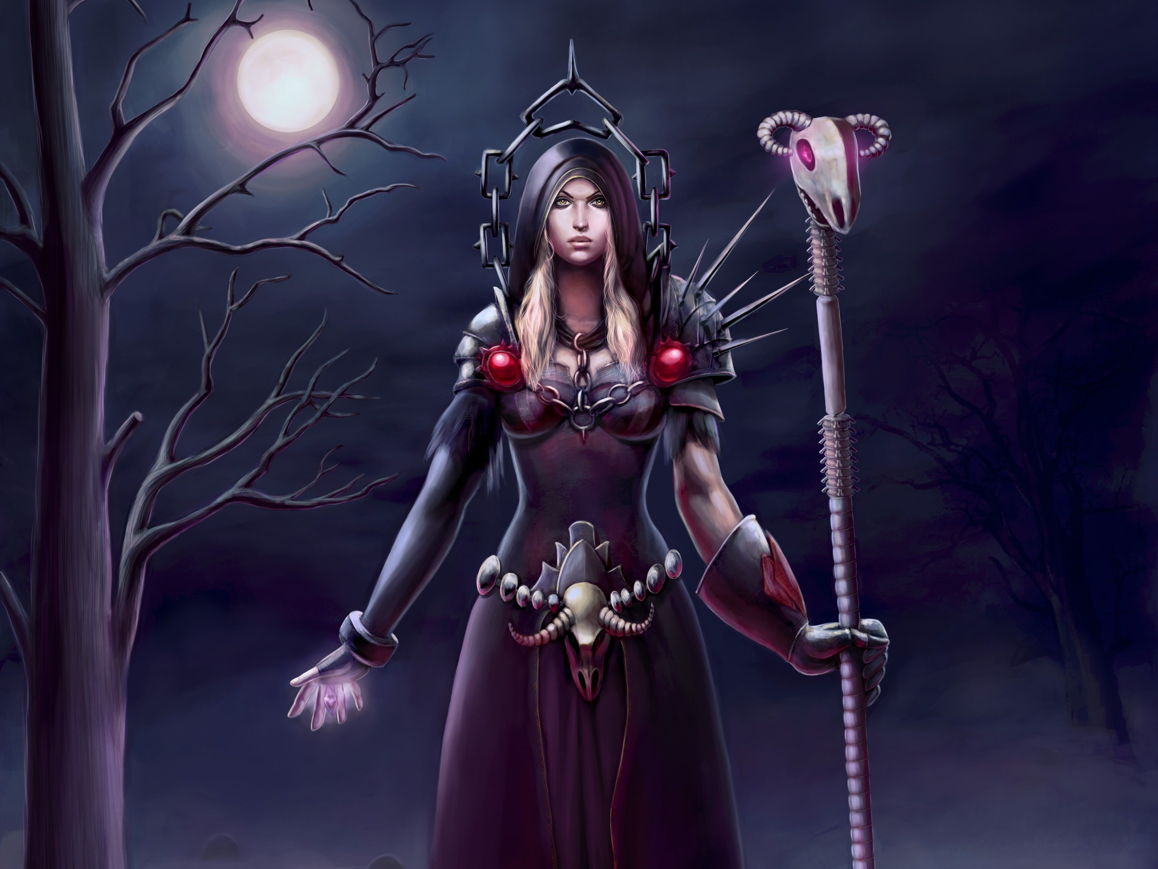 4000x3002 Wallpaper girl, trees, night, the moon, art, staff, World of Warcraft, warlock for mobile and desktop, section игры, resolution 4000x3002