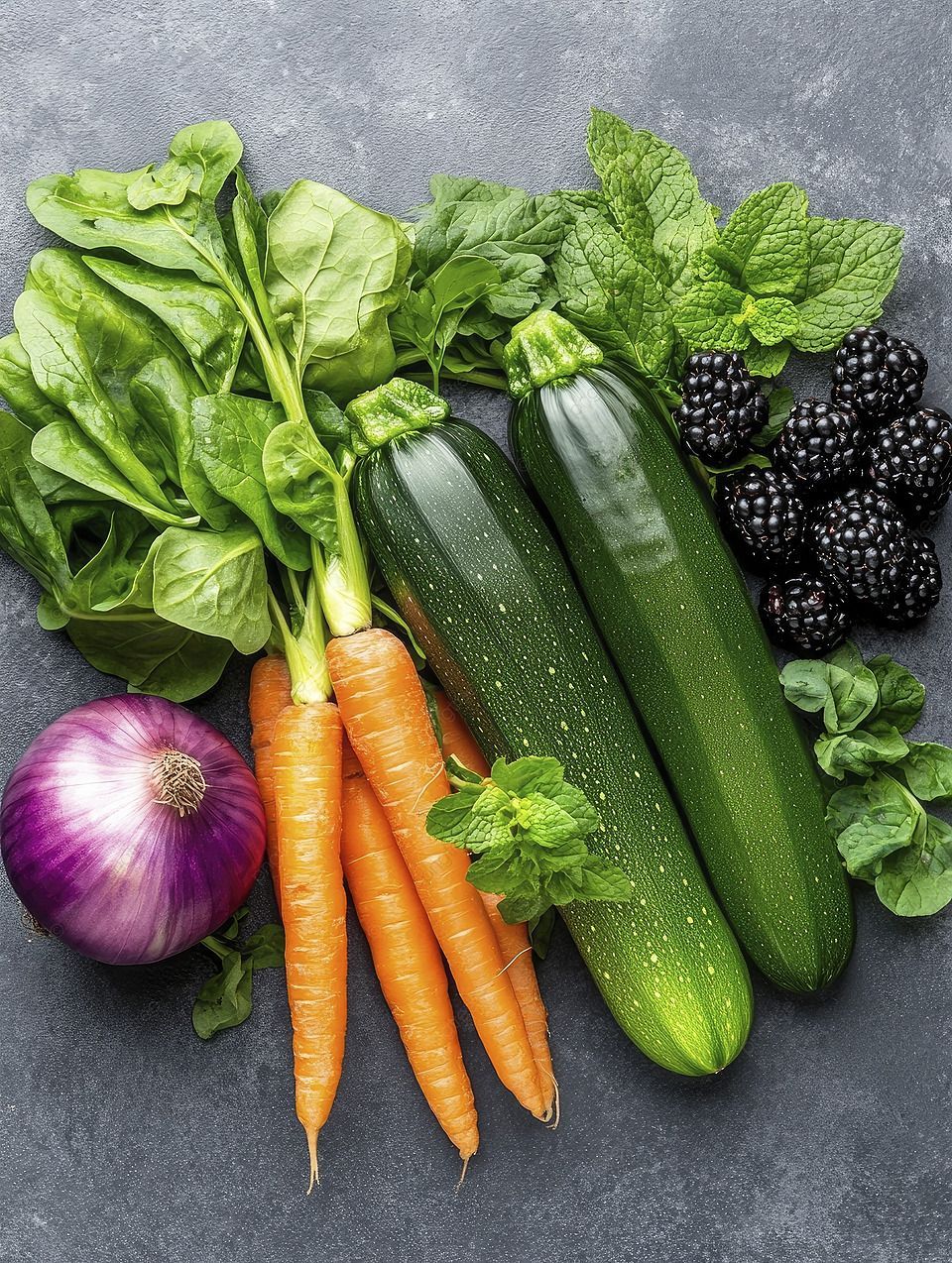 960x1274 Zucchini Carrots Blackberries Red Onion Leaves Of Mint Swiss Chard And Spring Watercress All Arranged On An Isolated Dark Gray Background Photo Wallpaper Image For Free Download