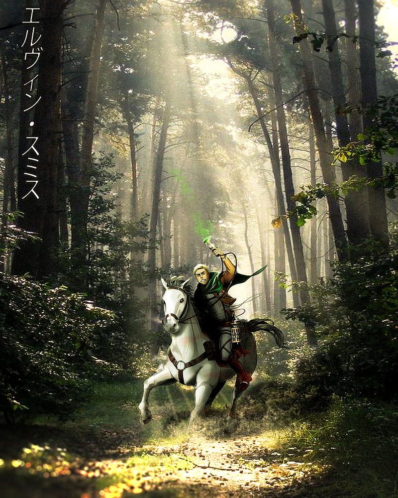 800x1000 Erwin Smith, anime, aot, attack on titan, erwin smith, forest, gun, horse, japan, HD phone wallpaper