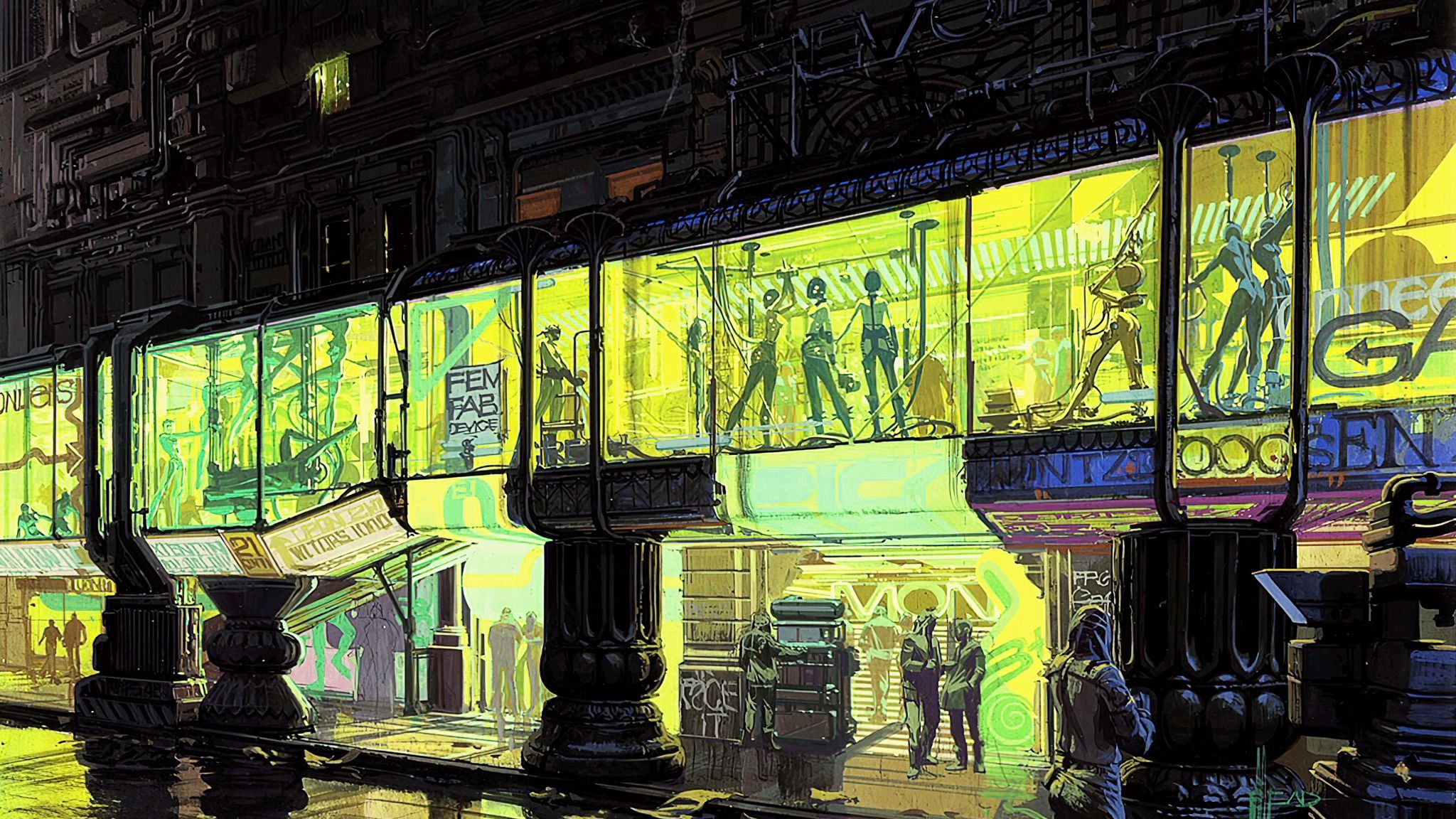 2048x1152 Some of Syd Mead's concept art for Blade Runner, upscaled to wallpaper res 3840x cropped, denoised, color corrected and