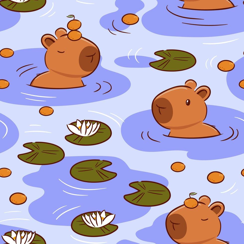 980x980 Cute capybara with a tangerine on her head swims in a lotus pond in Asian kawaii style. Cartoon character Funny illustration for wallpaper, fabric, wrapping, background