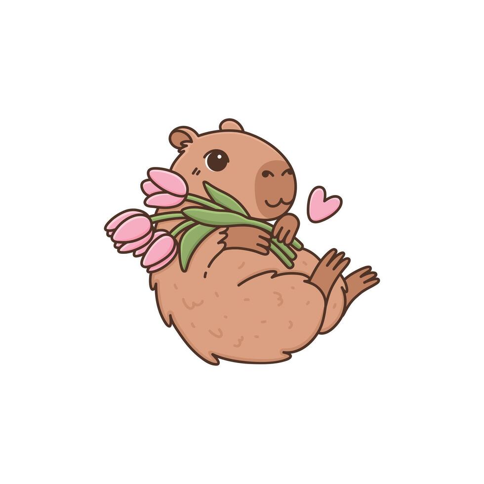 980x980 Cute capybara with bouquet of tulip flowers and pink heart. Cartoon rodent character in kawaii style. Funny animal with gift for holiday