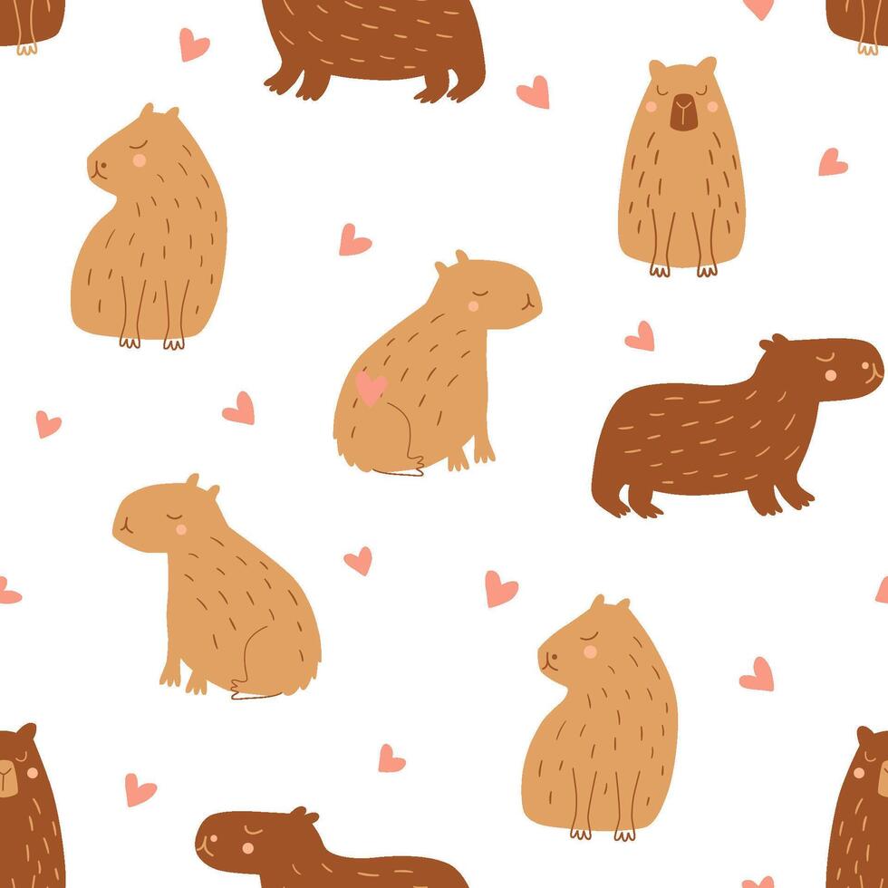980x980 Capybara seamless pattern. Cute cartoon capy animal, pink hearts repeat background, lovely print, wallpaper, wrapping paper for Valentines day, nursery textile design. Childish capybara illustration