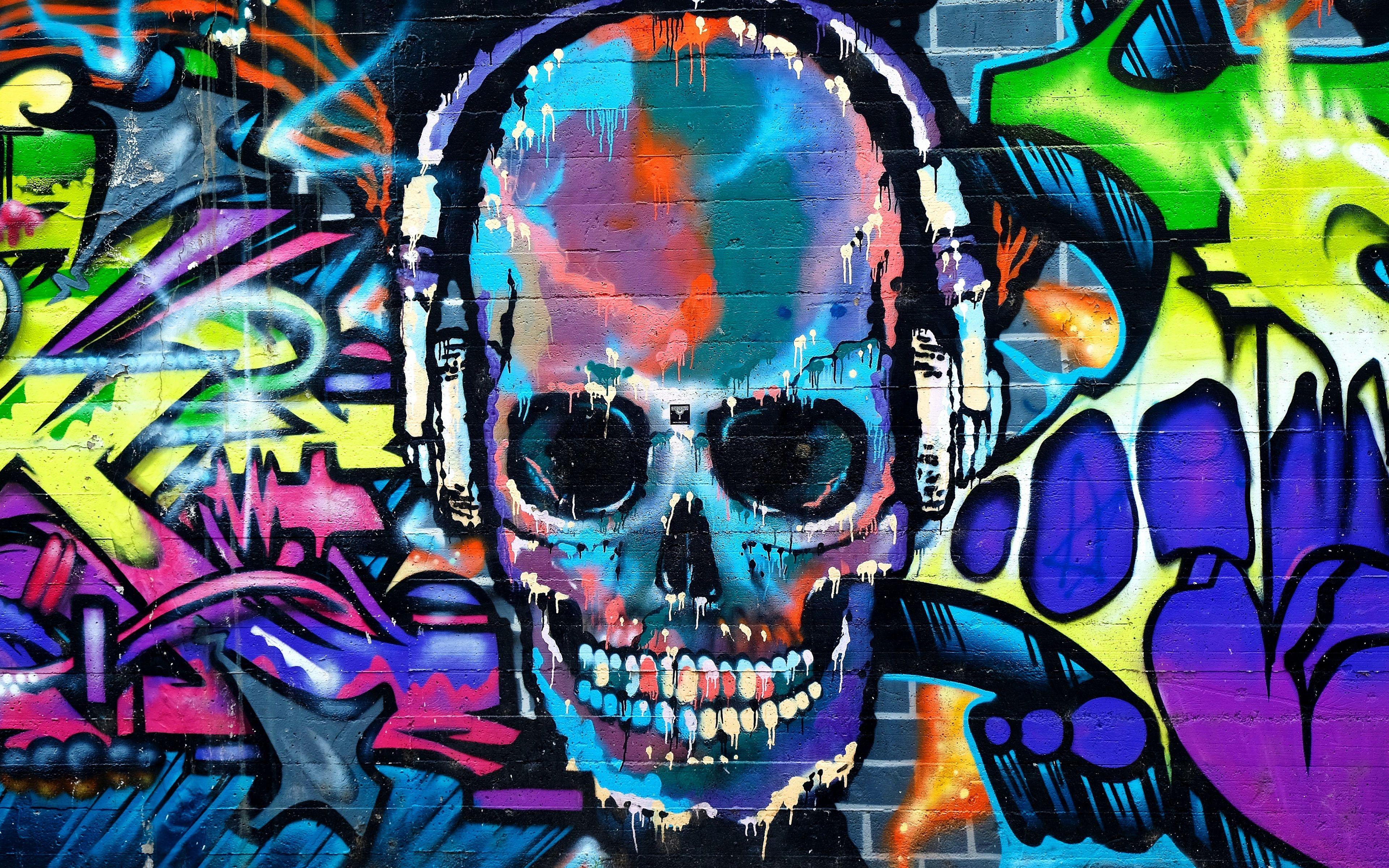 3840x2400 Tải xuống 3840x2400 hình nền graffiti, hộp sọ, đầy màu sắc, nghệ thuật đường phố