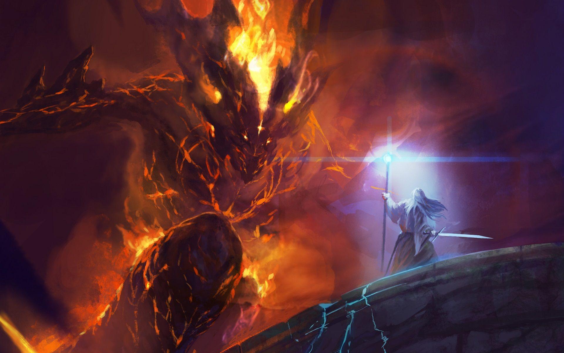 1920x1200 #Gandalf, #fantasy art, #Balrog, #artwork, #The Lord of the Rings, wallpaper HD Wallpaper