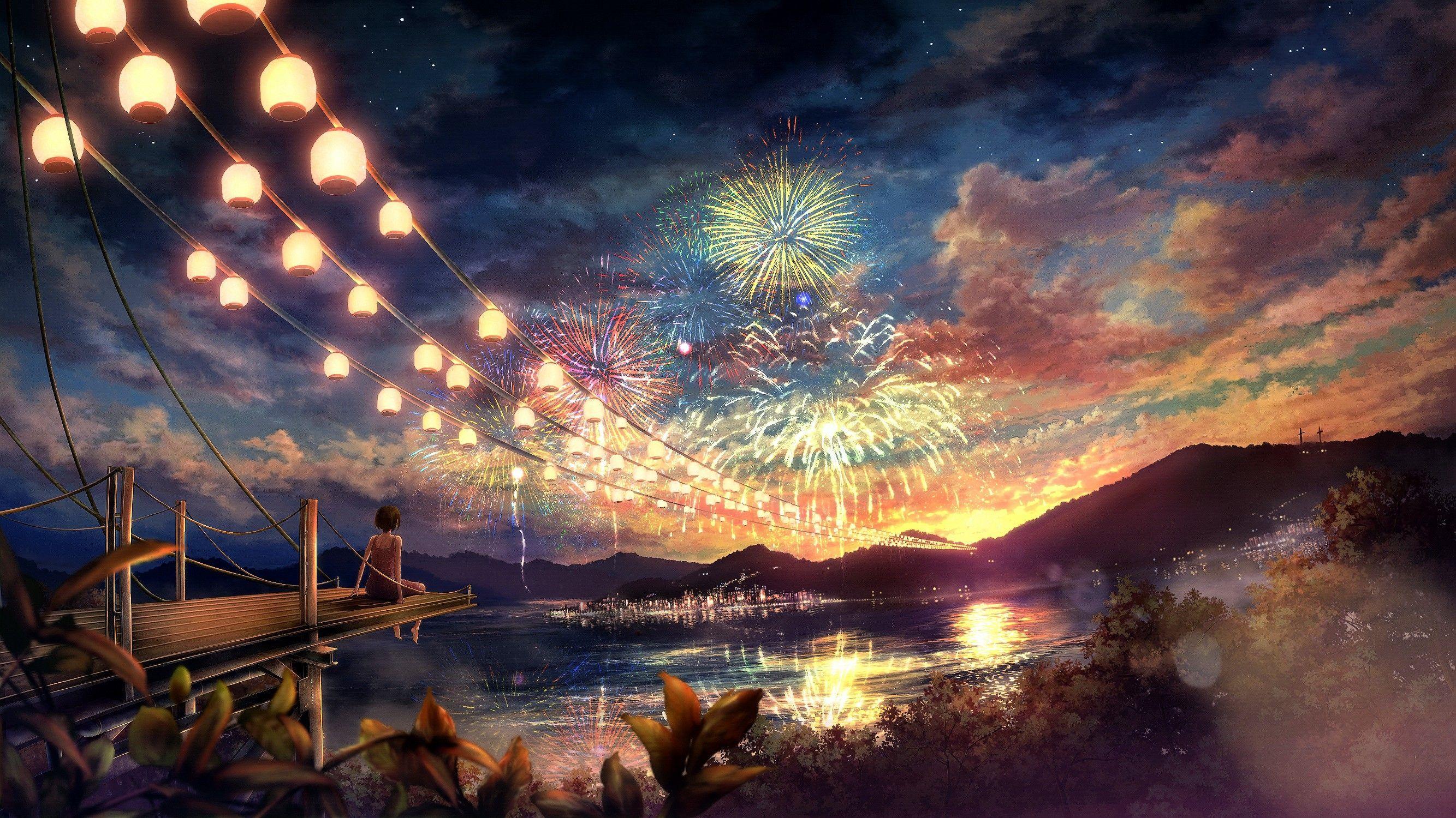 2667x1500 Những đám mây phong cảnh cây pháo hoa phong cảnh anime anime cô gái thành phố