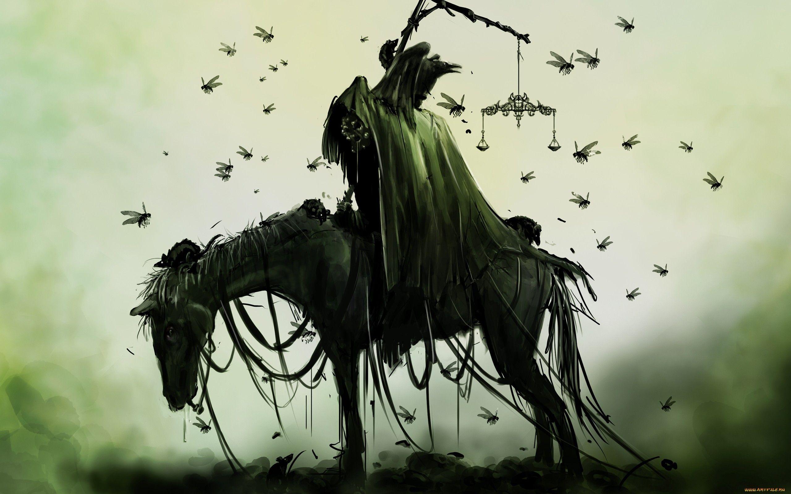 2560x1600 horse, Drawing, Death, Grim, Reaper, Bugs, Green, Dark Wallpaper