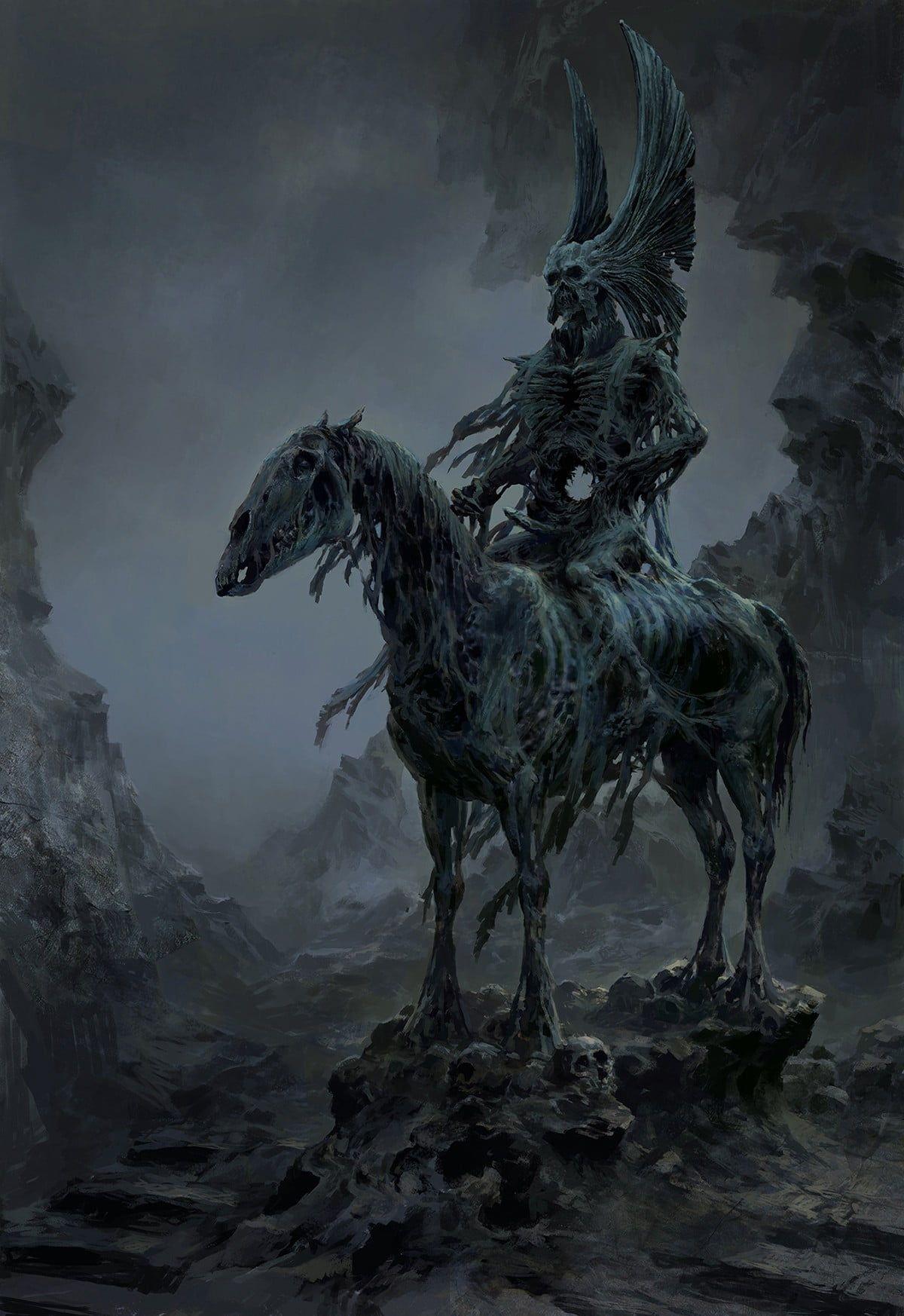 1200x1746 Skeleton man and horse graphic wallpaper, fantasy art, drawing, death, horse HD wallpaper