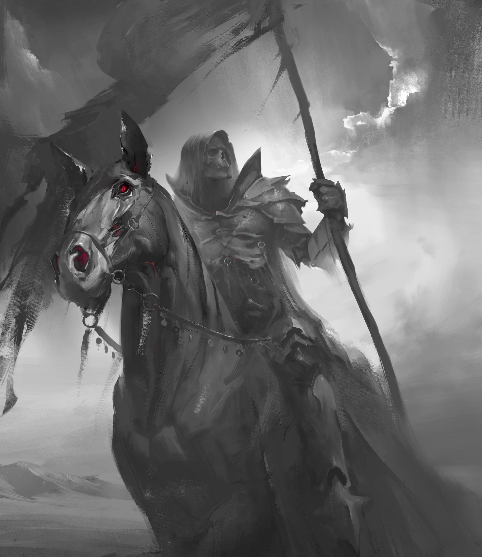 1920x2218 Grim reaper riding on horse digital wallpaper, drawing, death