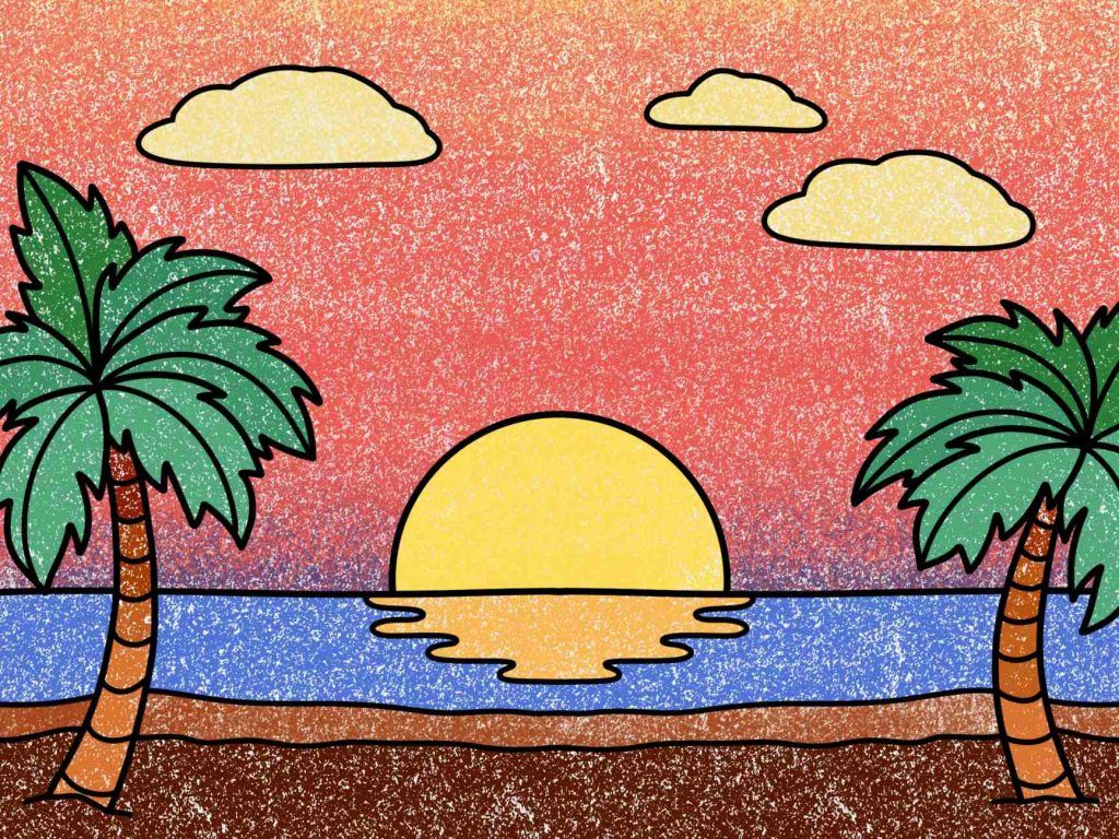 1024x768 Beach Sunset Drawing (easy)