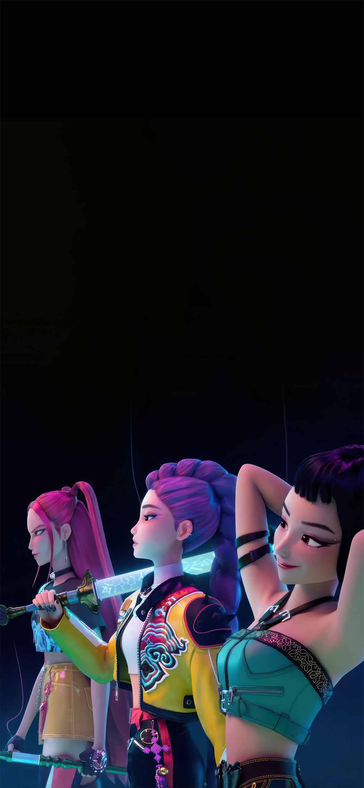 1180x2554 Kpop Demon Hunters Rumi Mira and Zoey Dark Wallpaper