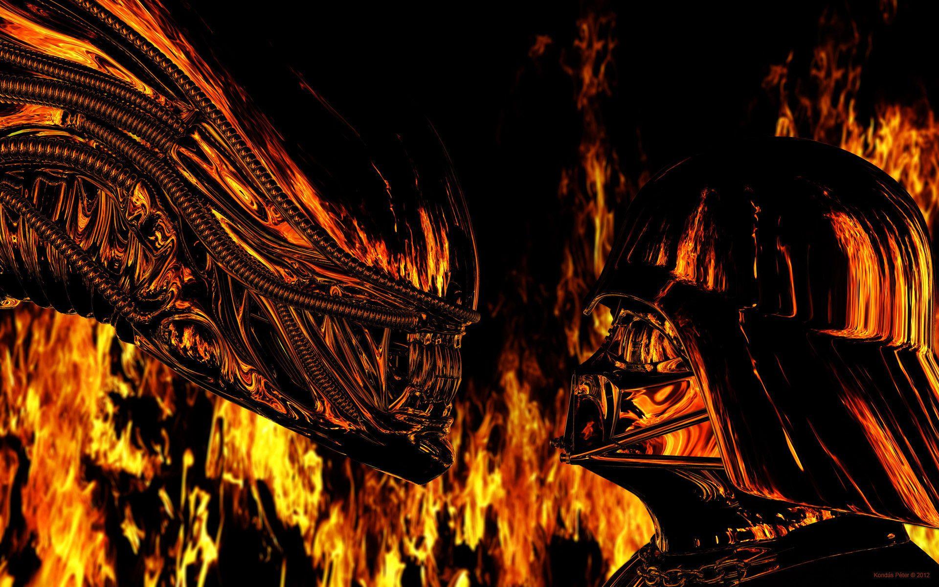 1920x1200 Darth Vader vs Alien in fire, Péter Kondás